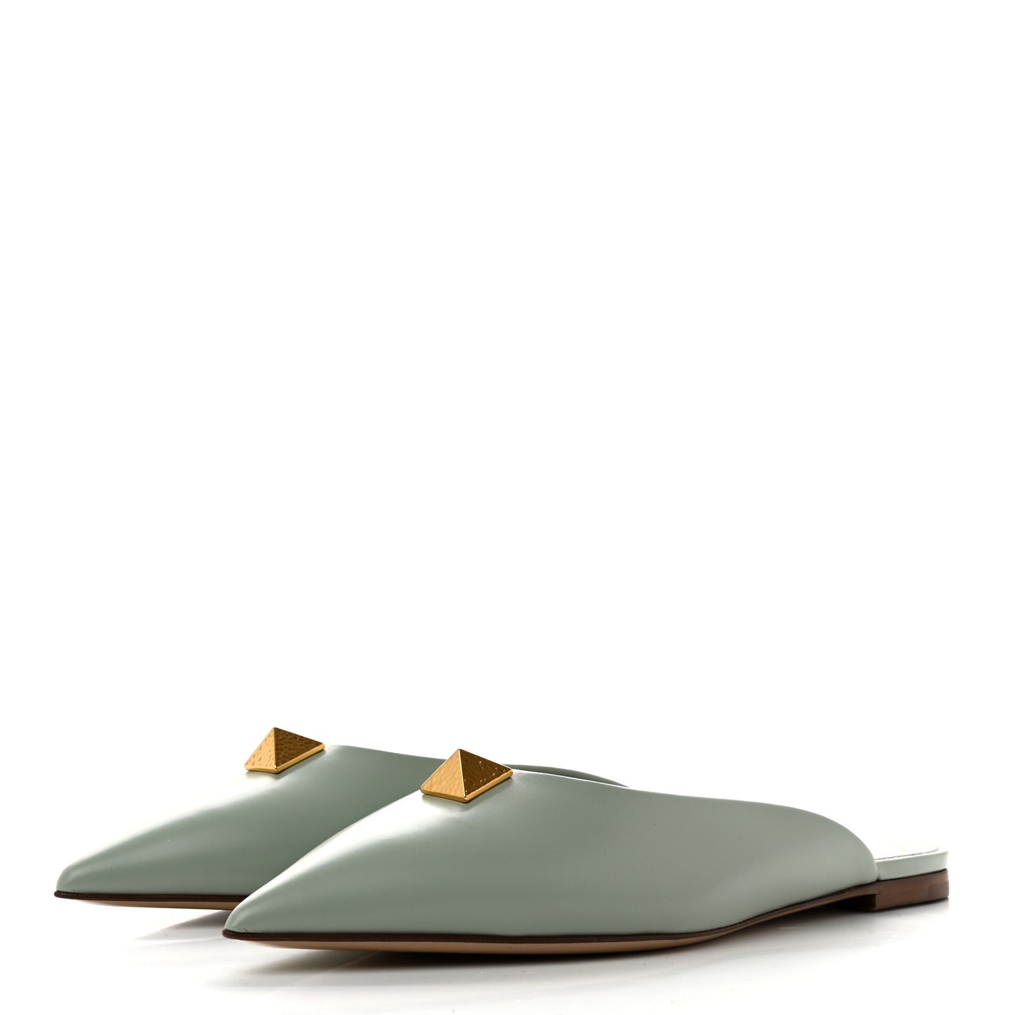 Calfskin Roman Stud Pointed Flat Mules 35.5 Light Green