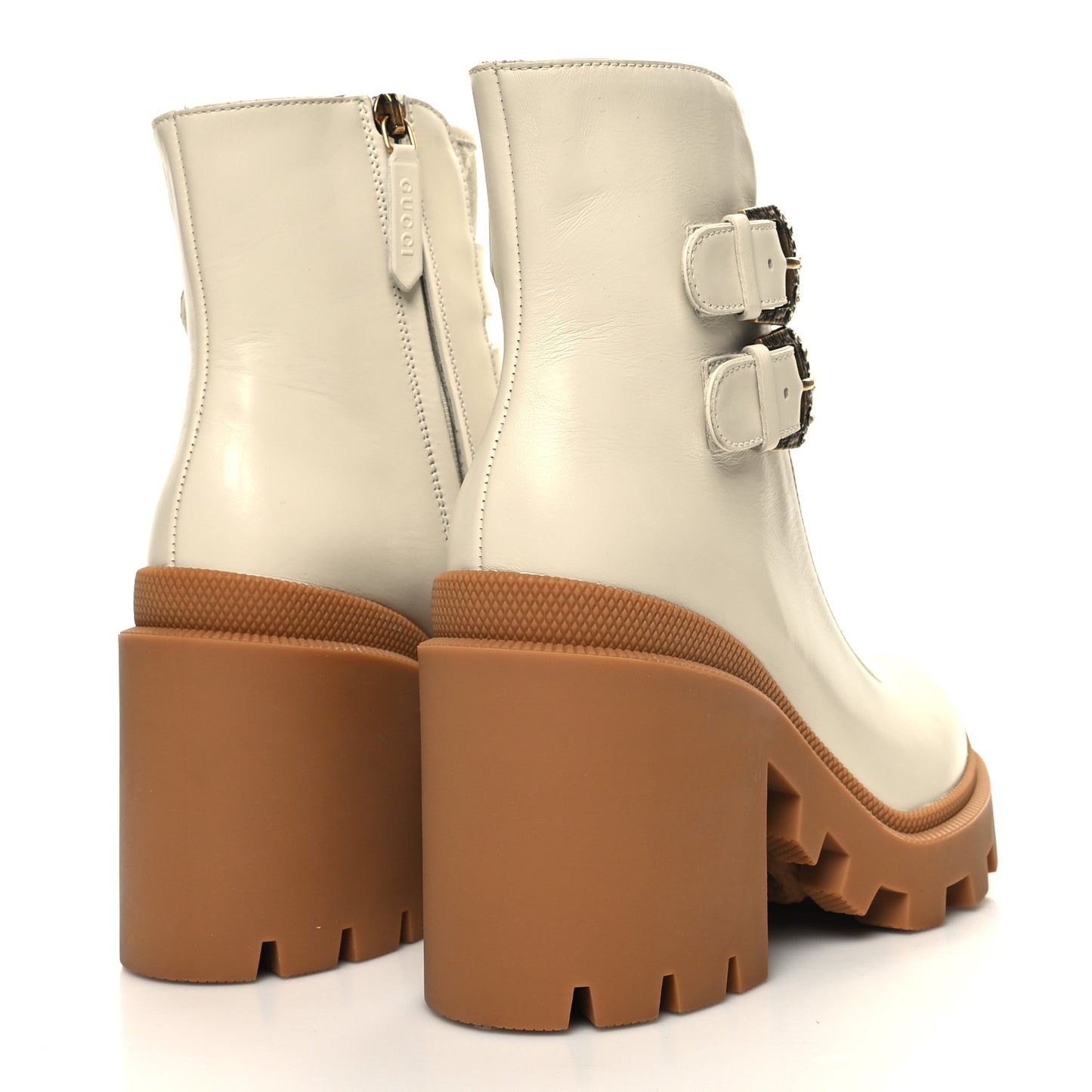 Kensington Calfskin Nappa GG Supreme Monogram Womens Double Buckle Ankle Boots 35.5 Mystic White Beige