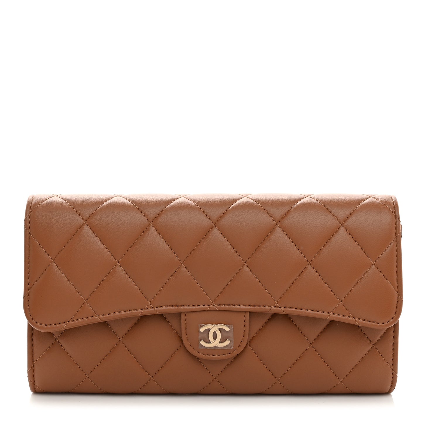 Lambskin Quilted Large Gusset Flap Wallet Brown