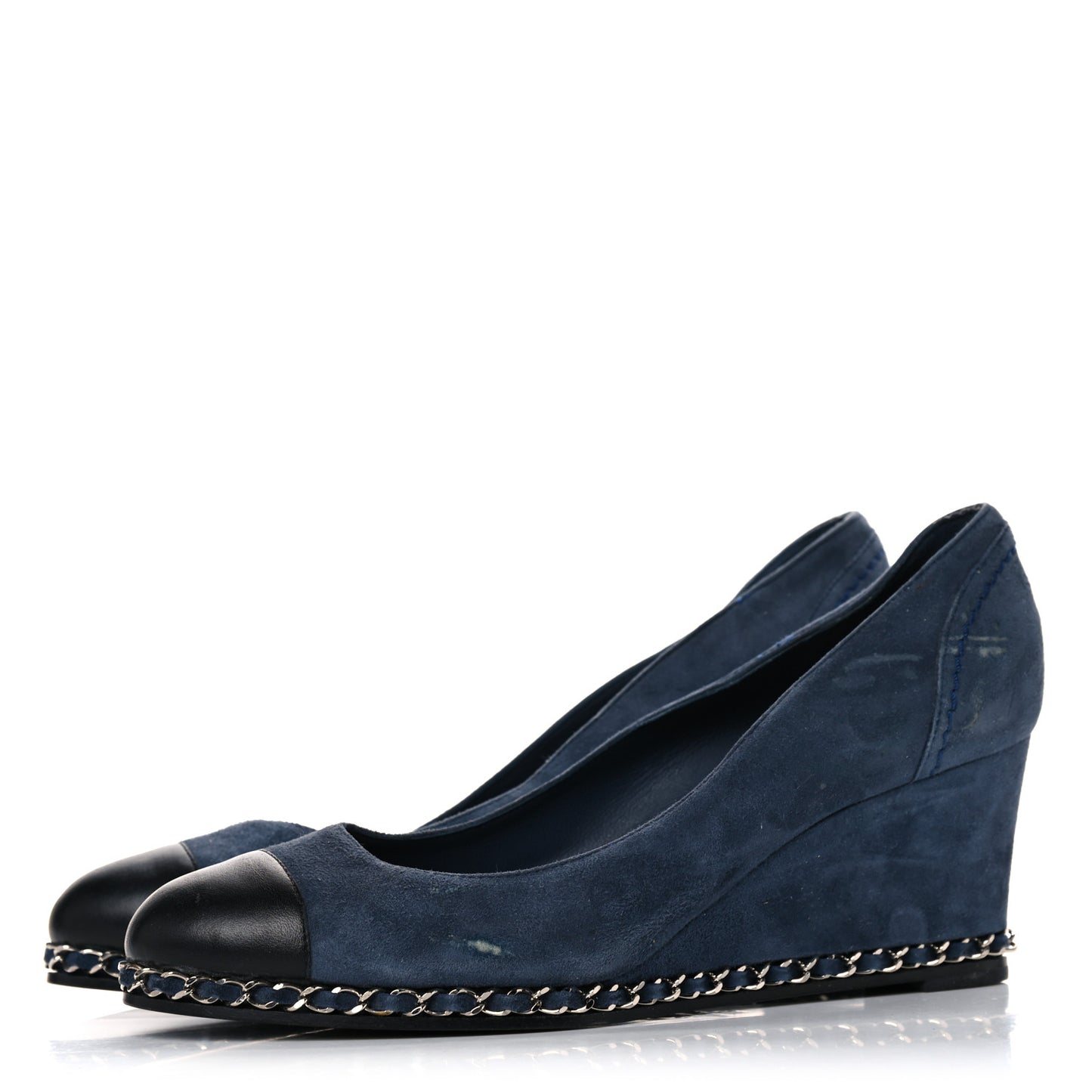 Suede Lambskin Cap Toe Chain Wedge Pumps 39 Blue