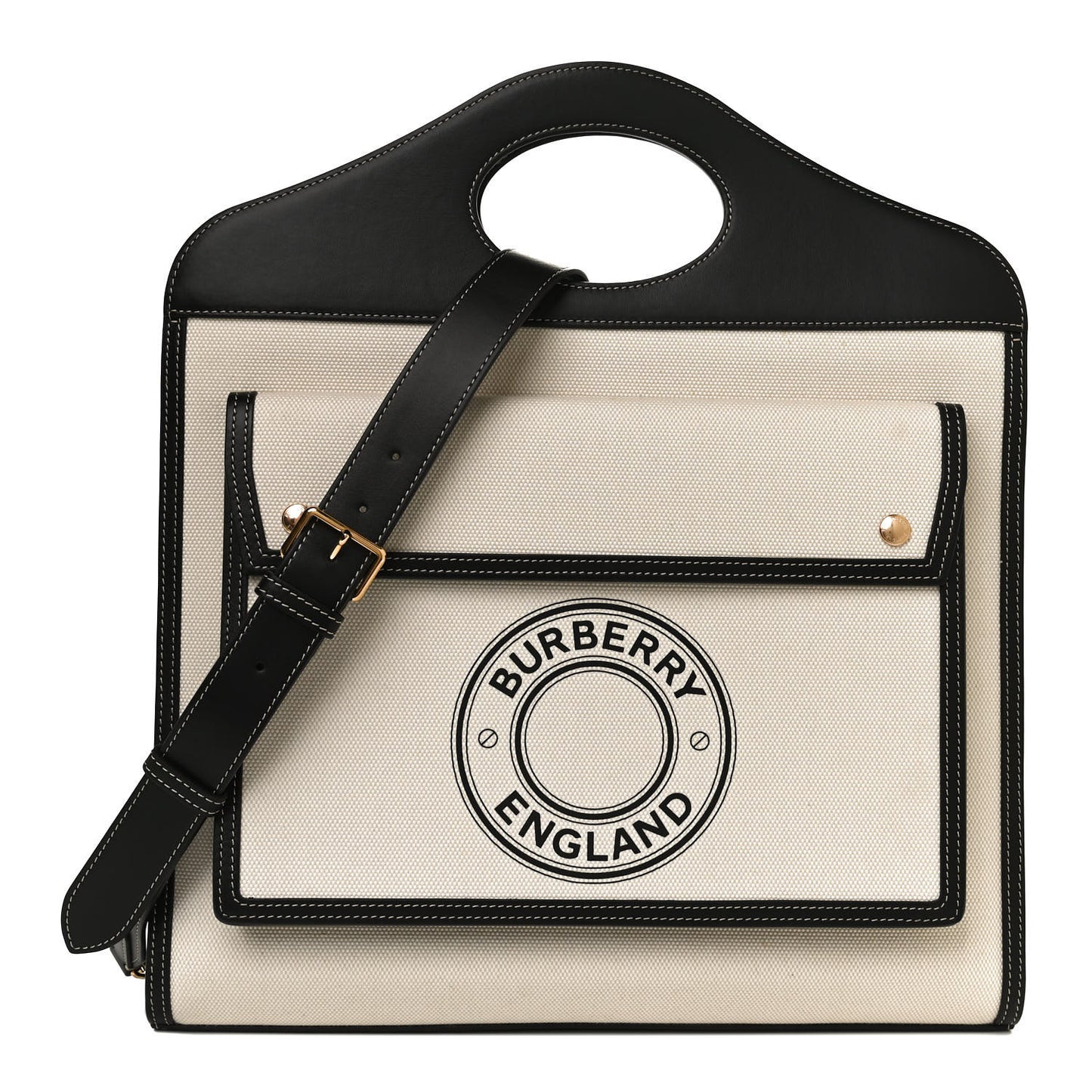 Canvas Smooth Calfskin Two Tone Medium Pocket Bag Natural Black