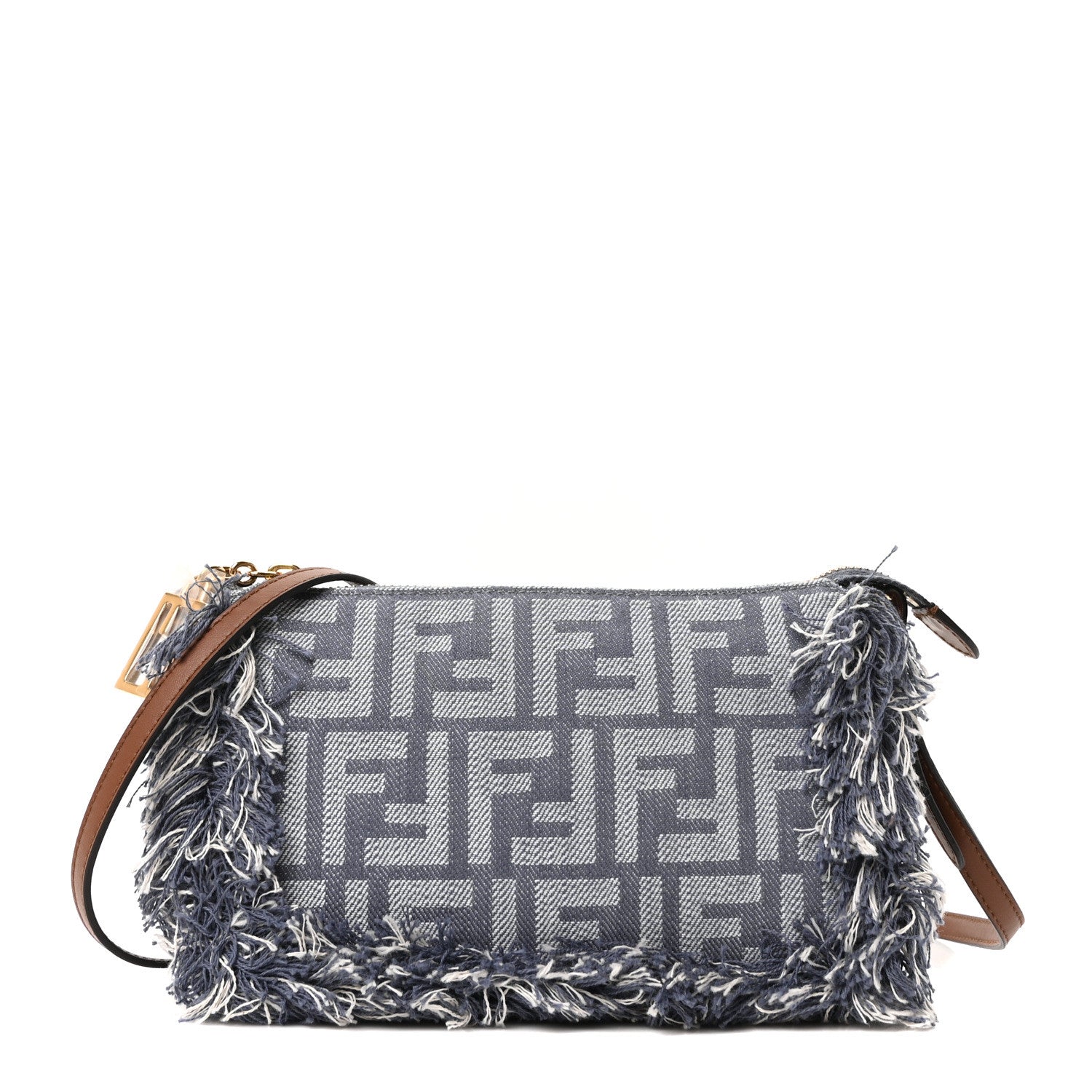 Fendi Denim Vitello Fringe FF Embroidered Baguette Pouch Myrtle
