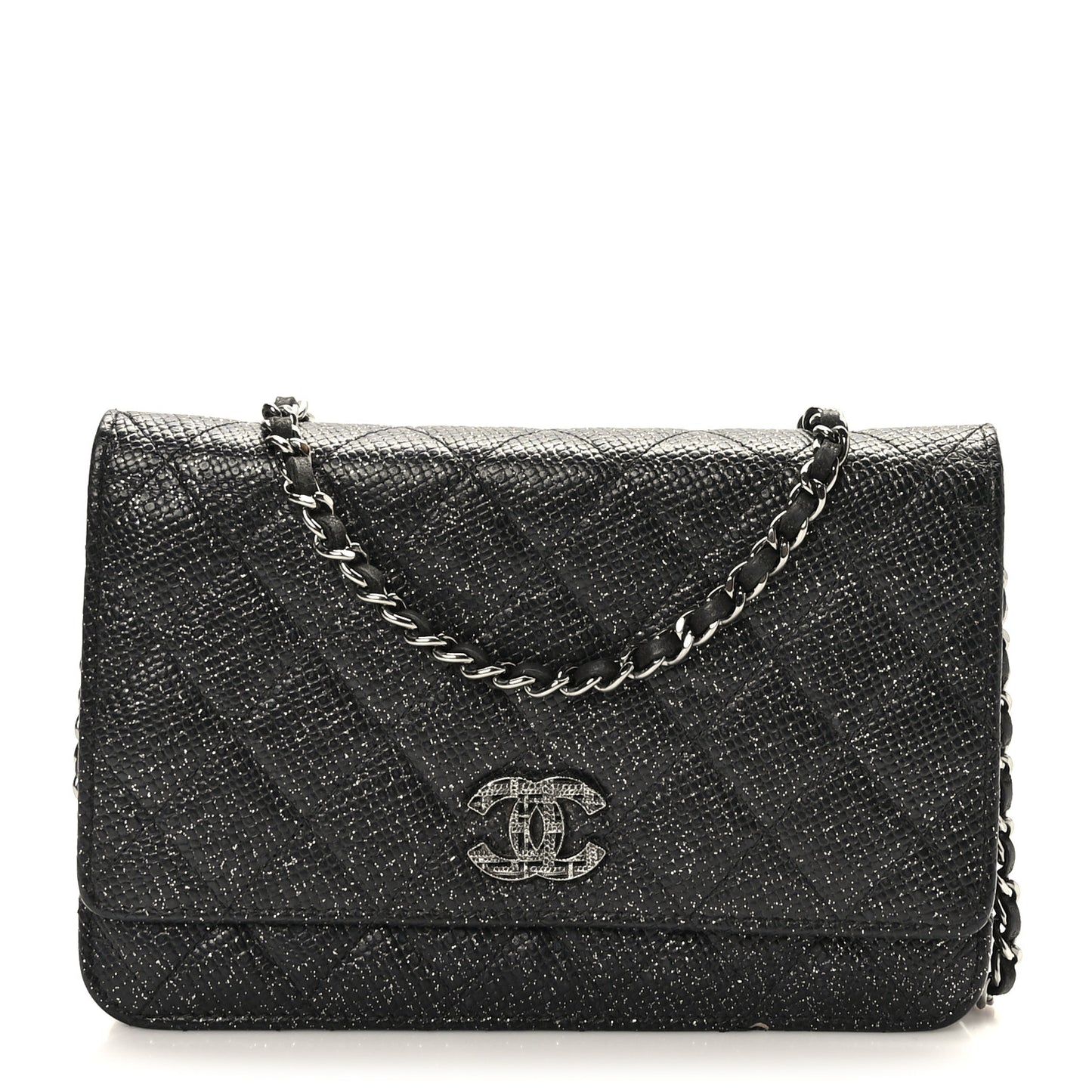 Glitter Calfskin Quilted Wallet on Chain WOC Black