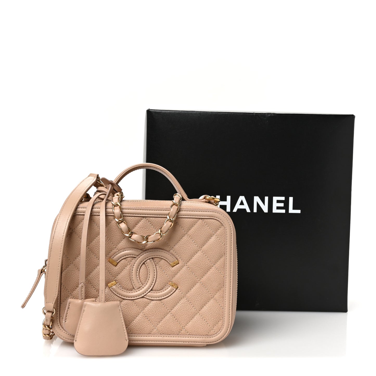 Caviar Quilted Medium CC Filigree Vanity Case Beige