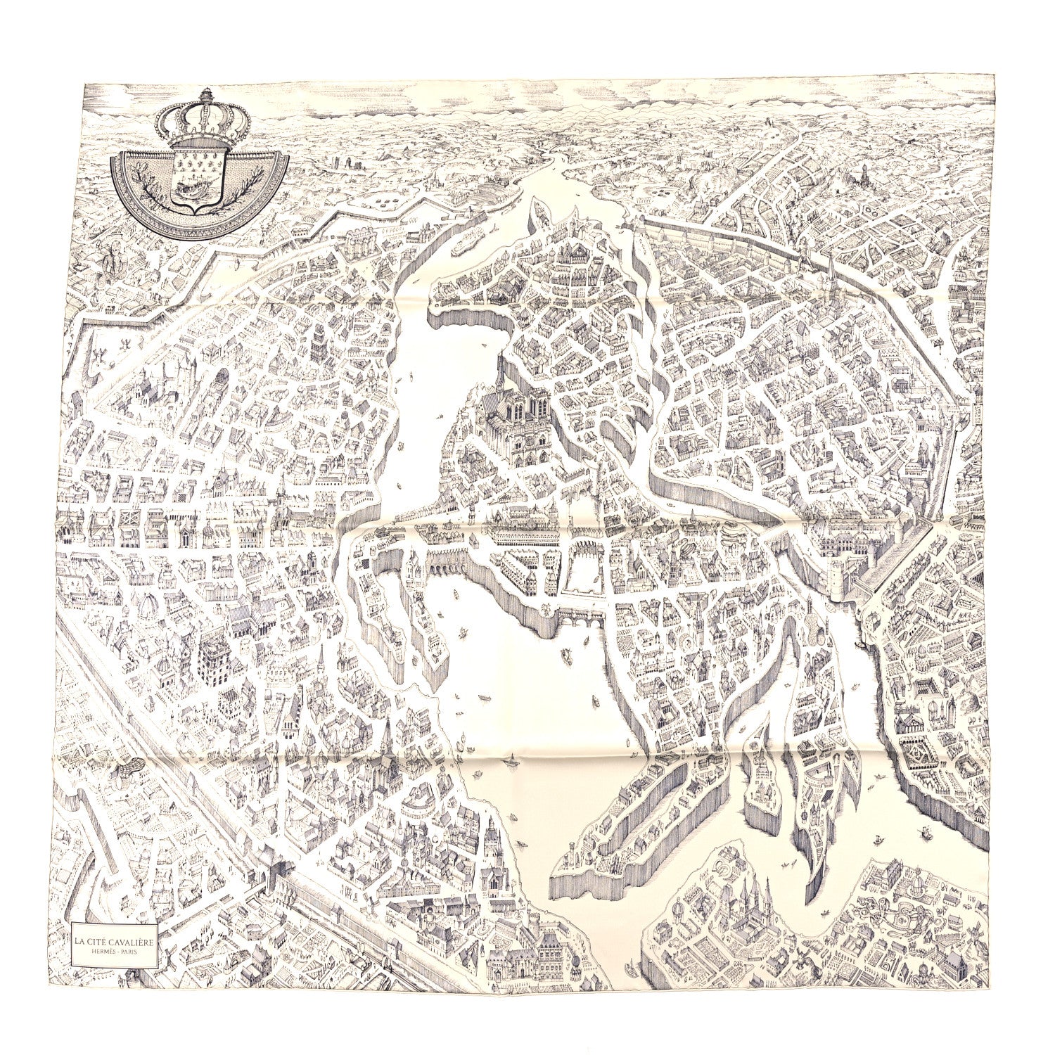 Hermes Silk Twill La Cite Cavaliere Scarf 90 Ivorie Anthracite