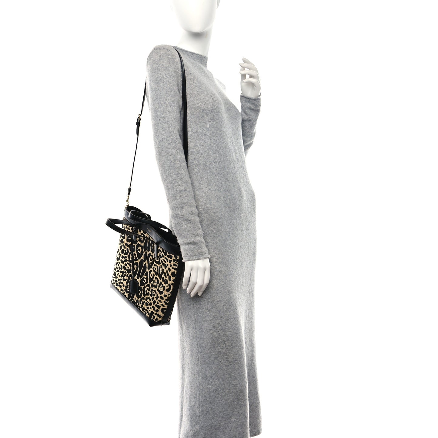 Raffia Calfskin Leopard Print Toy Shopping Tote Natural Black
