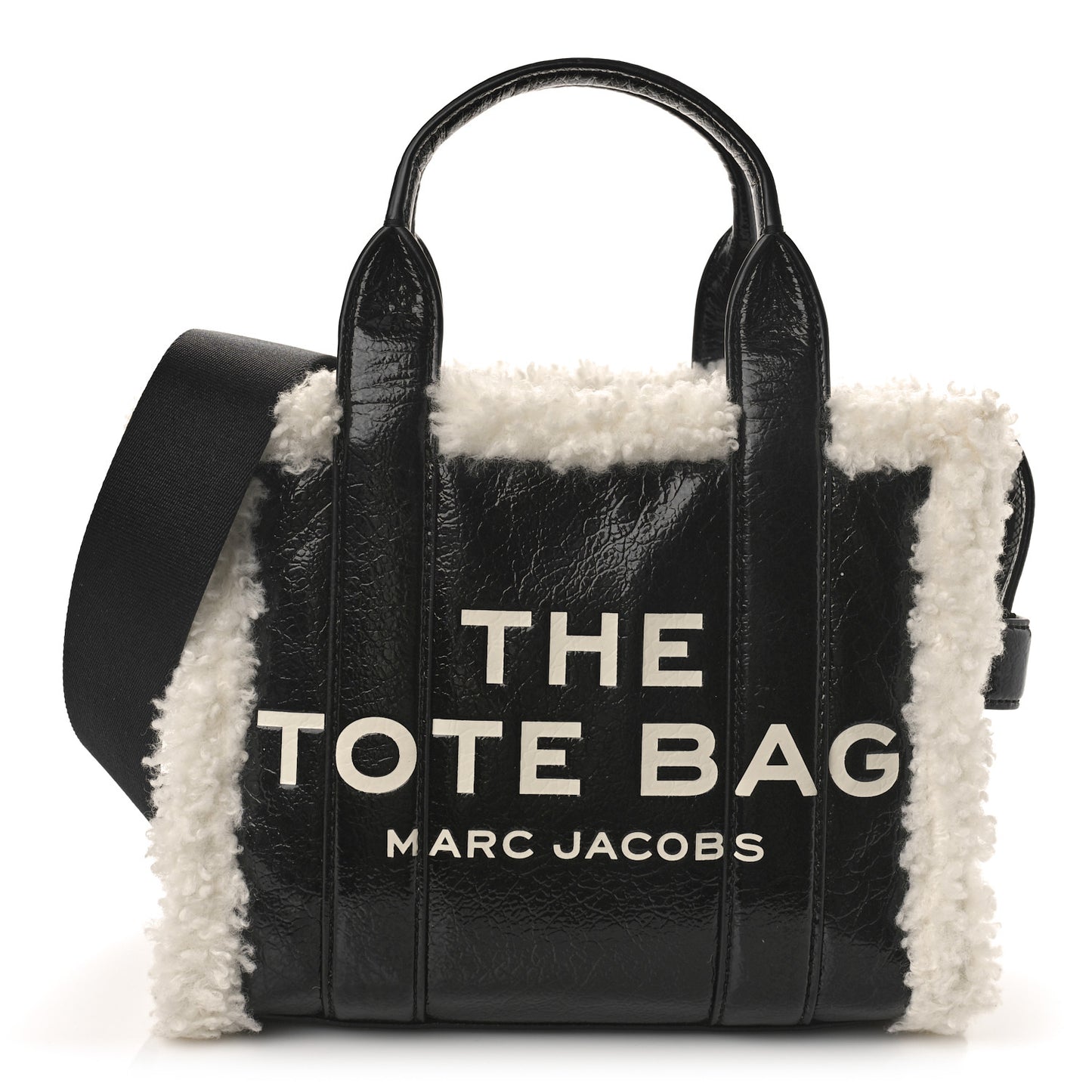 Shiny Calfskin Faux Shearling Mini The Traveler Tote Bag Black
