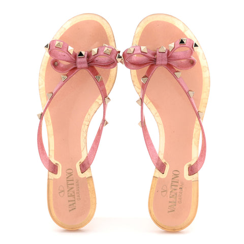 PVC Jelly Glitter Rockstud Bow Thong Sandals 39 Pink