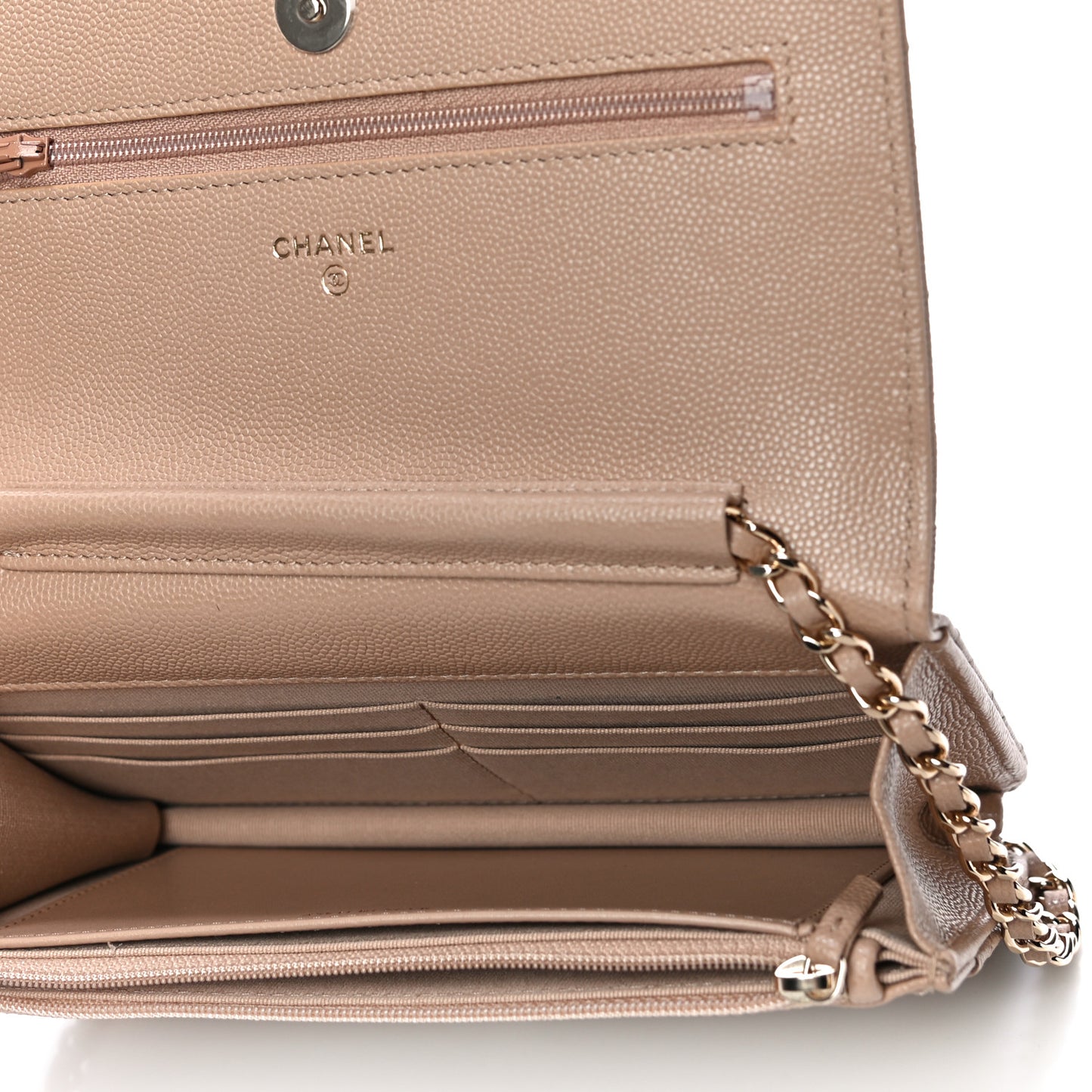 Caviar Quilted Crystal CC Wallet On Chain WOC Beige