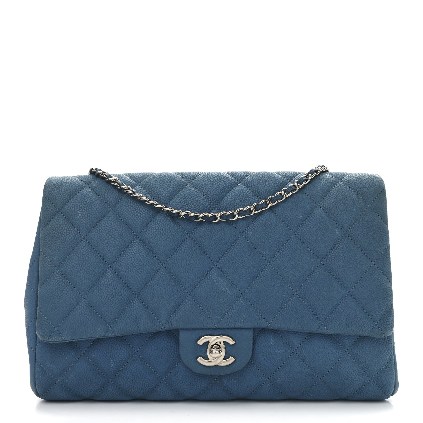 Iridescent Caviar Quilted Clutch With Chain Flap Blue