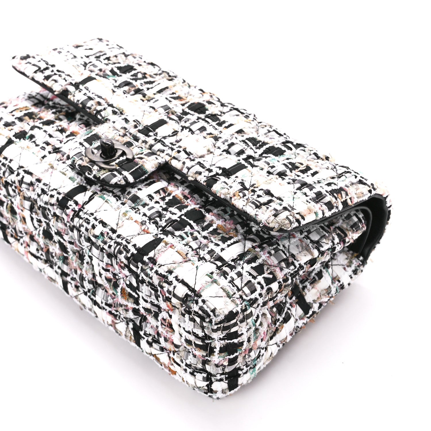 Chanel Tweed Quilted Medium Double Flap White Black Multicolor 11 of 11