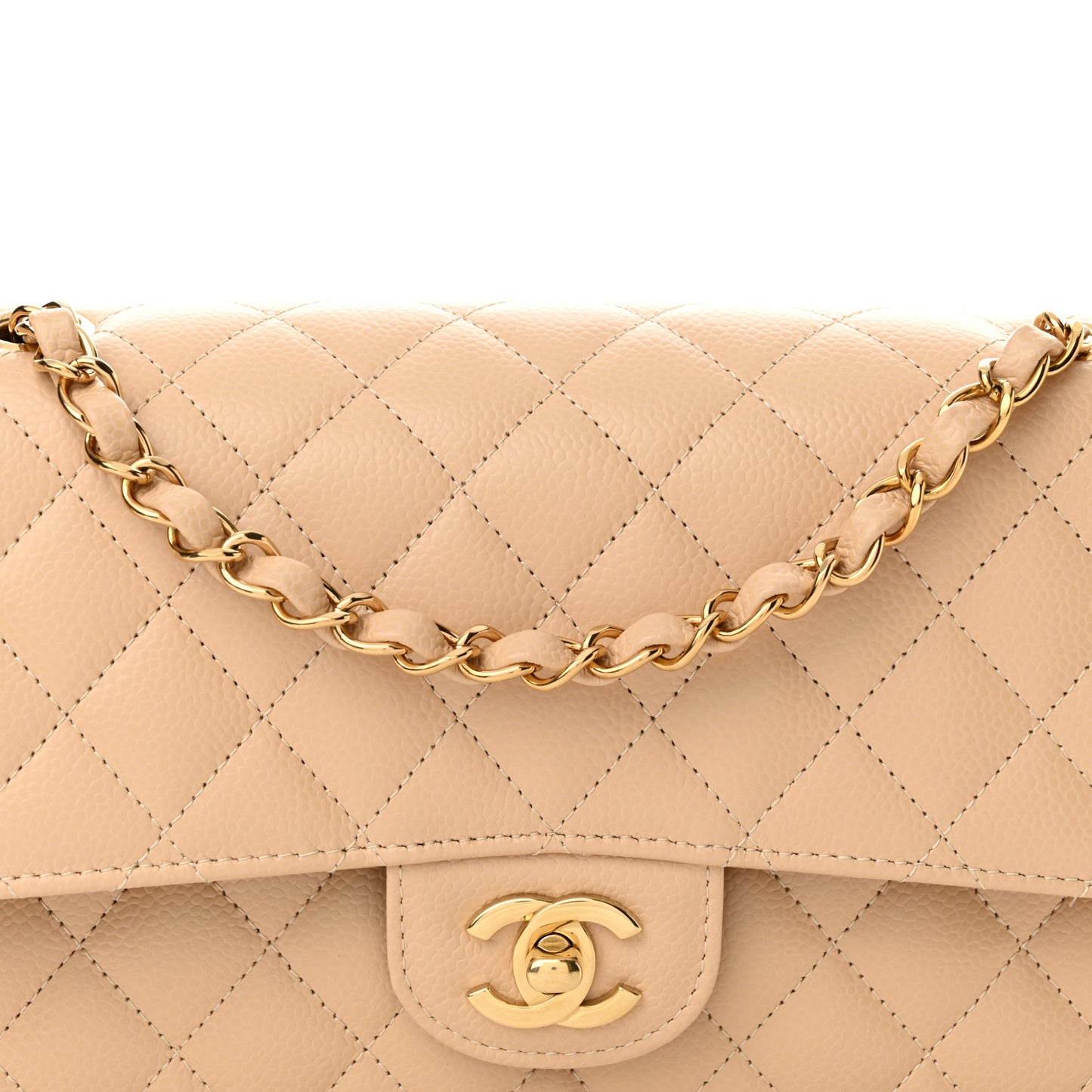 Caviar Quilted Medium Double Flap Beige