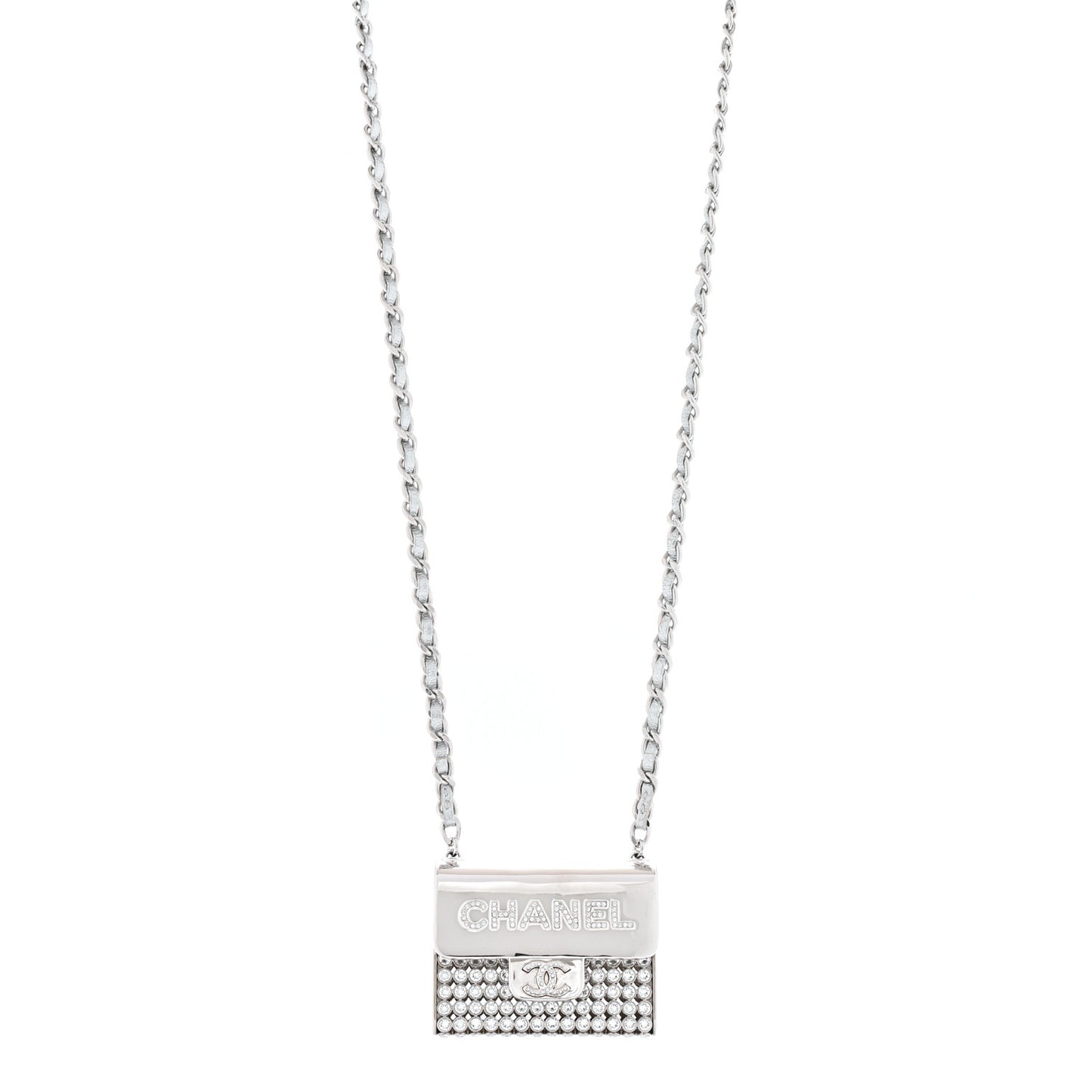 Metal Lambskin Strass Crystal Purse CC Long Necklace Silver