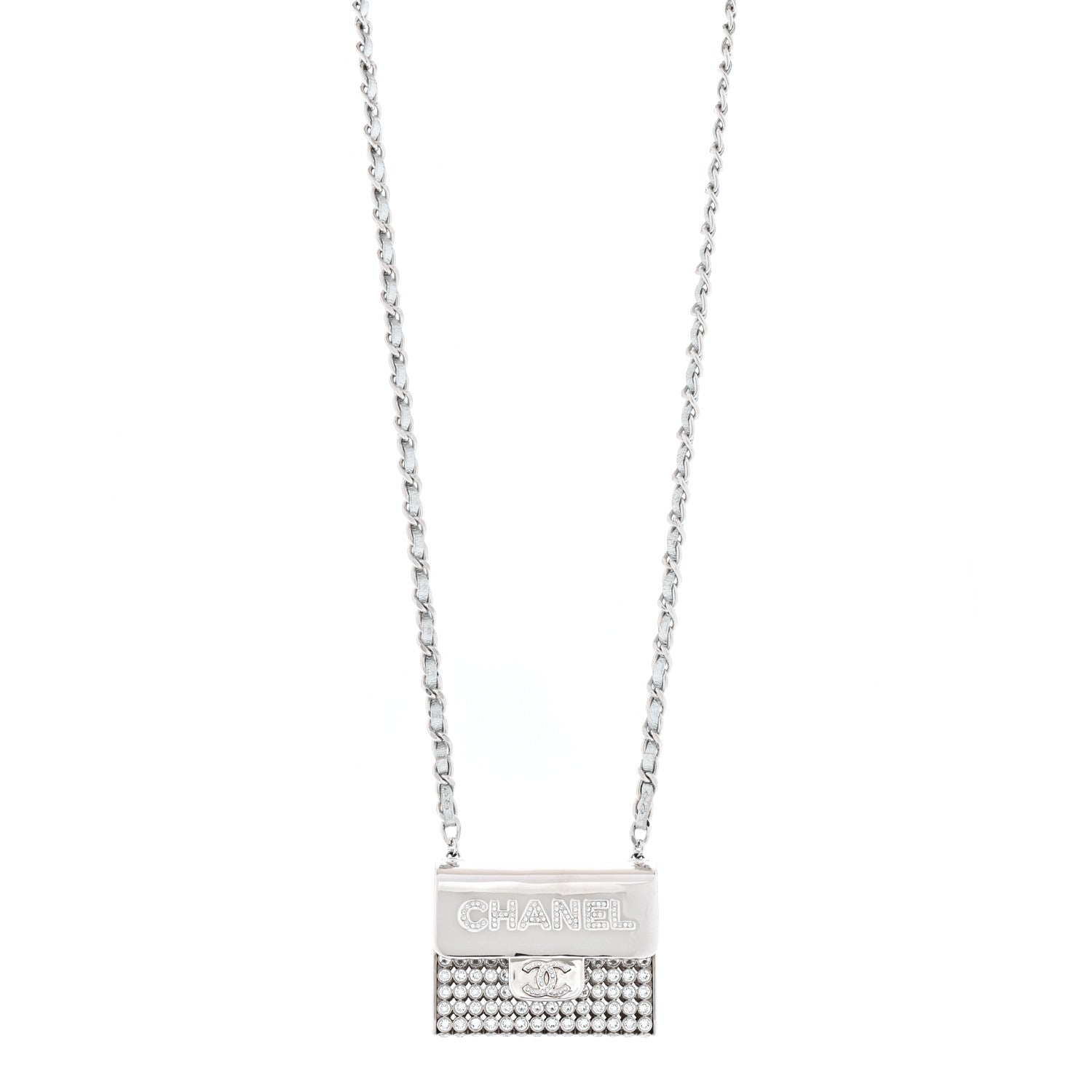 Chanel Metal Lambskin Strass Crystal Purse CC Long Necklace Silver 1 of 6