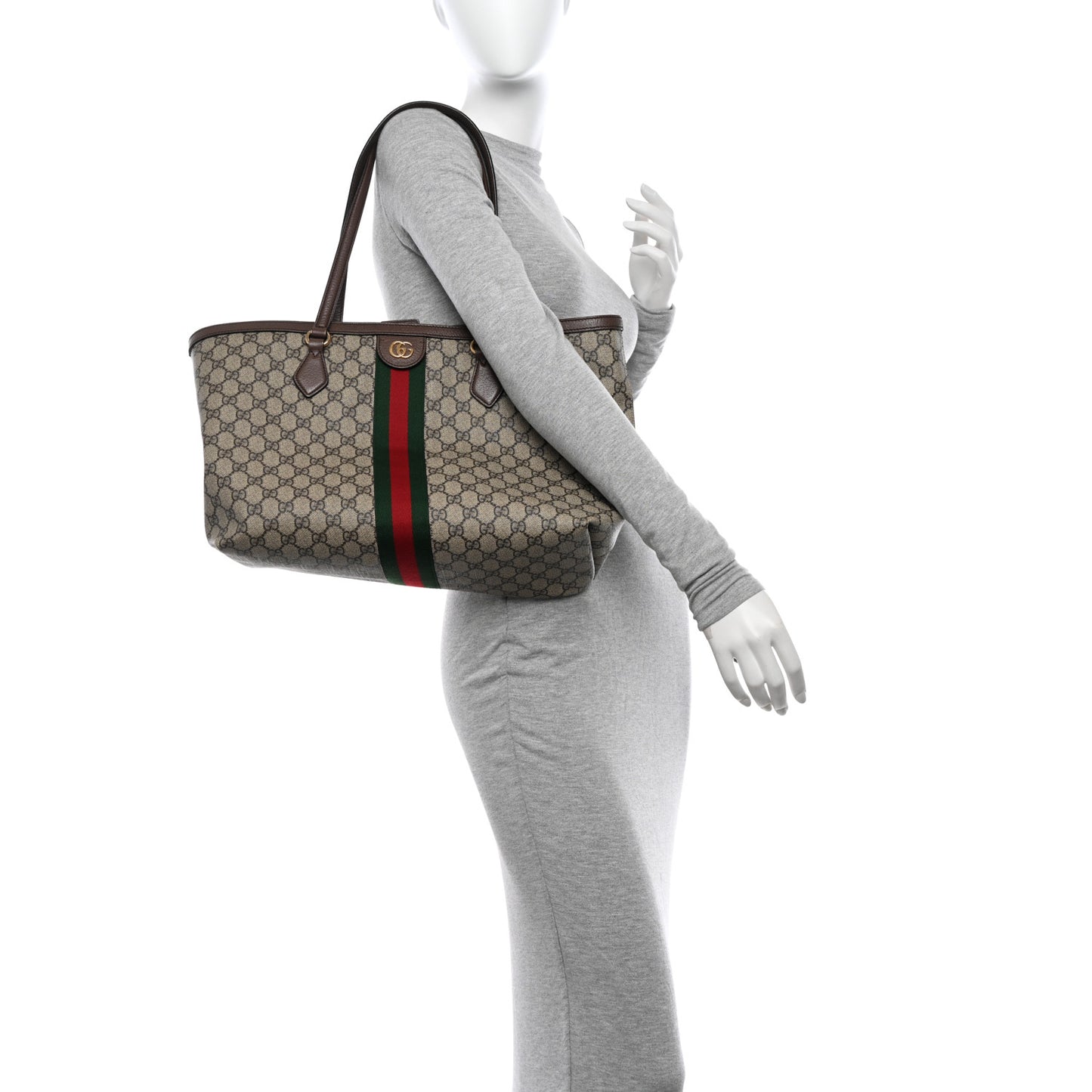 GG Supreme Monogram Textured Calfskin Web Medium Ophidia Shopping Tote Beige Ebony New Acero