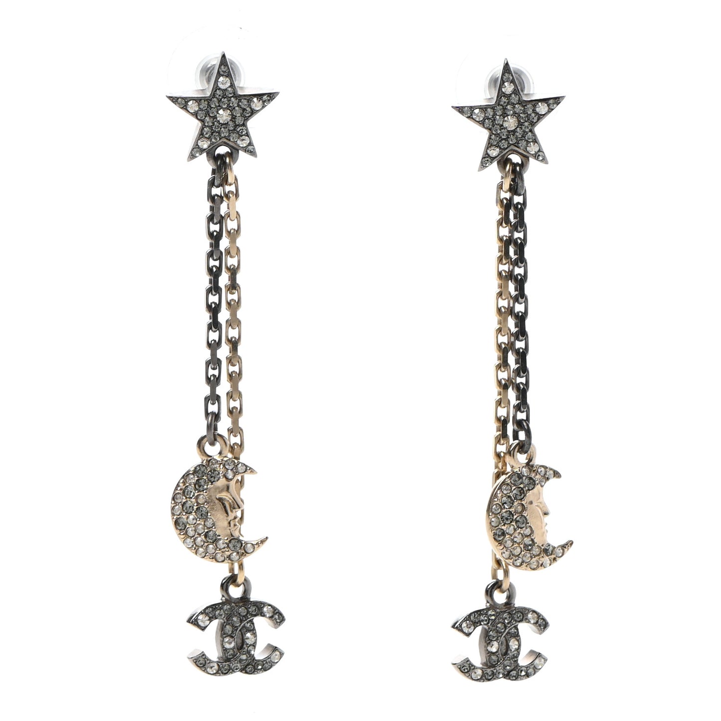 Crystal CC Star Moon Dangle Earrings Silver Gold