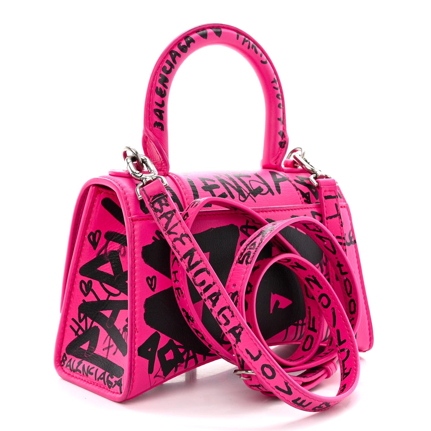 Smooth Calfskin Graffiti Hourglass Top Handle Bag XS Acid Fuchsia Black