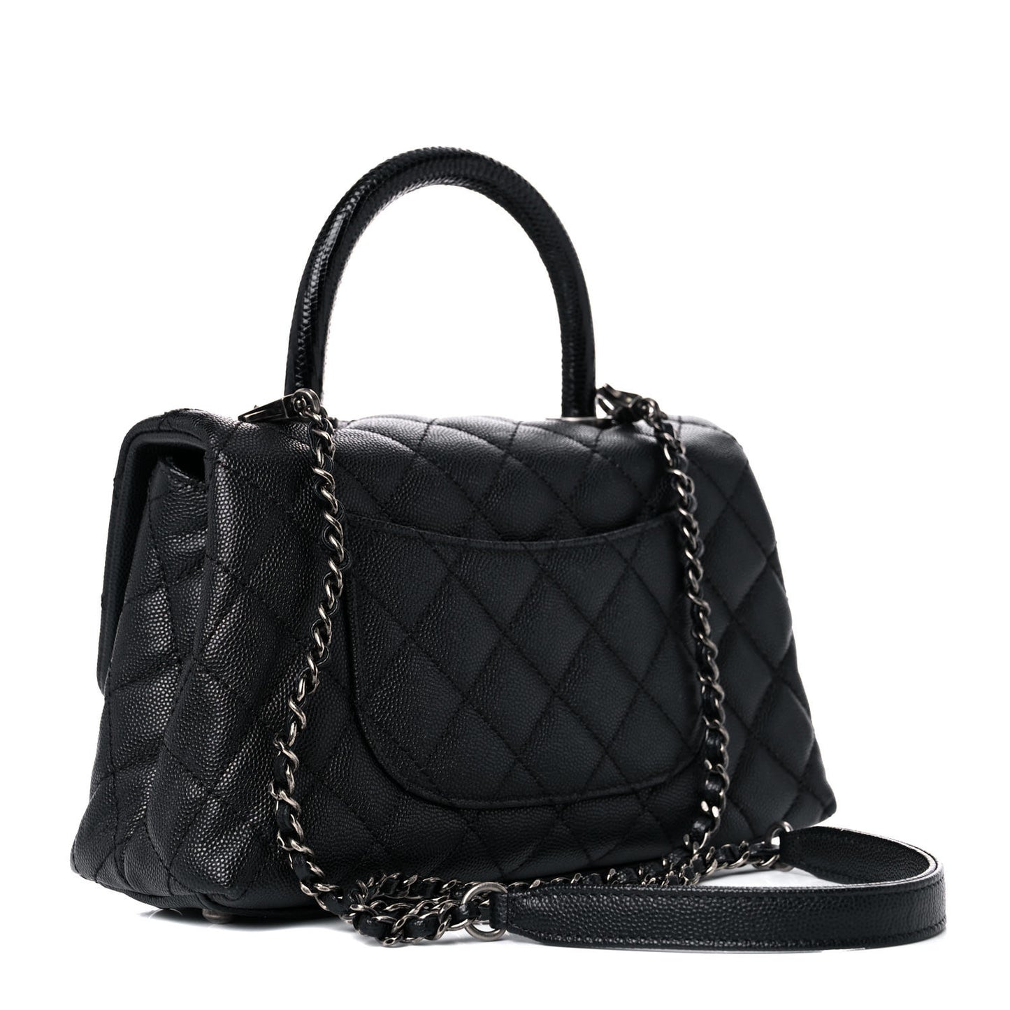 Caviar Lizard Embossed Quilted Mini Coco Handle Flap Black