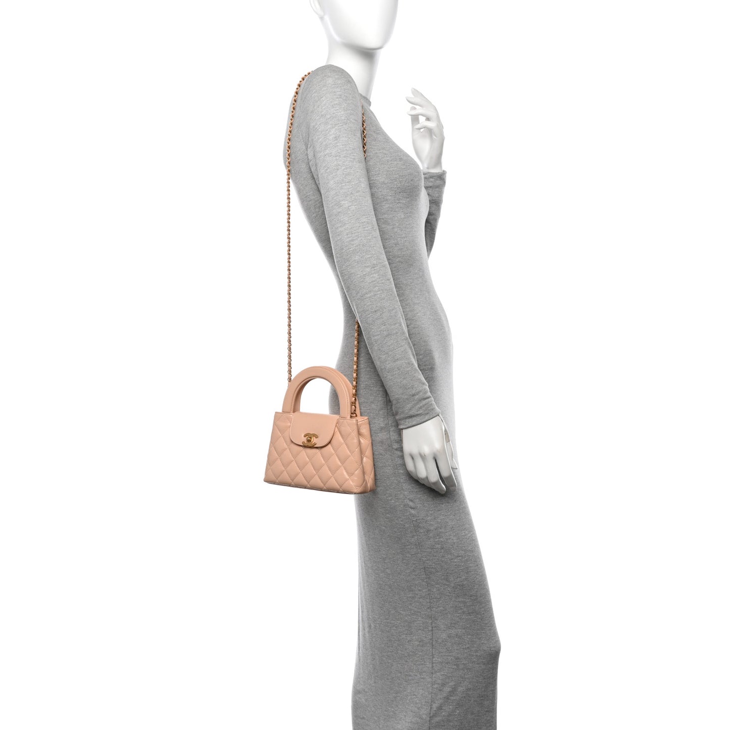 Shiny Aged Calfskin Quilted Nano Kelly Shopper Beige
