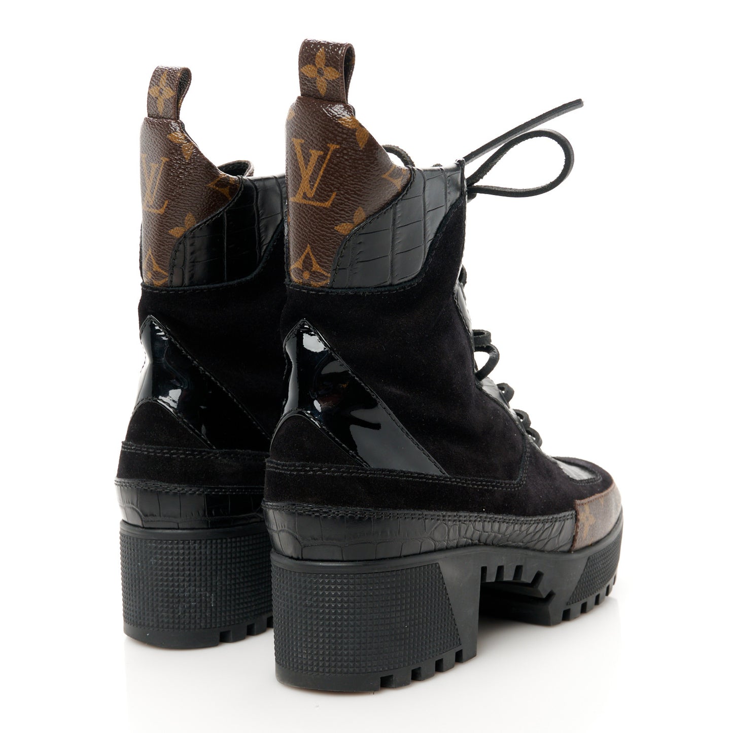 Suede Calfskin Crocodile Embossed Patent Monogram Laureate Platform Desert Boots 38 Black