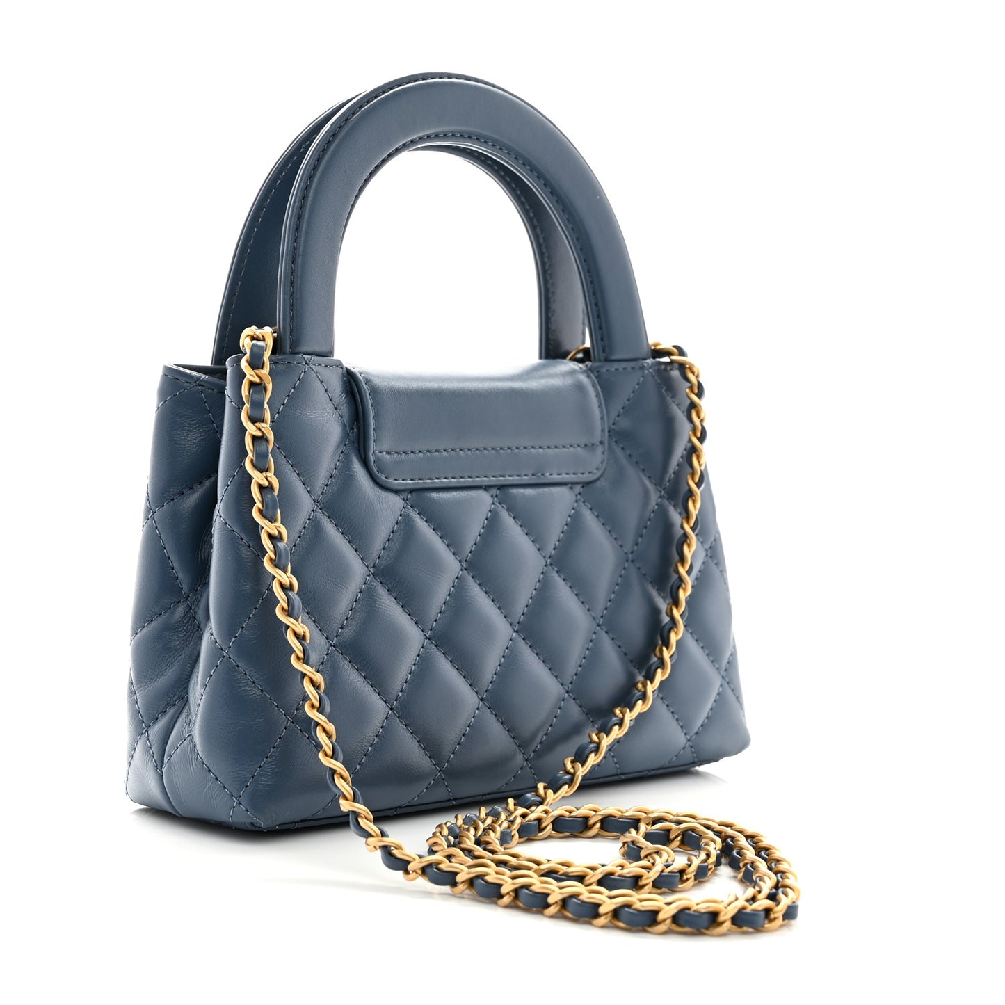 Shiny Aged Calfskin Quilted Nano Kelly Shopper Dark Blue