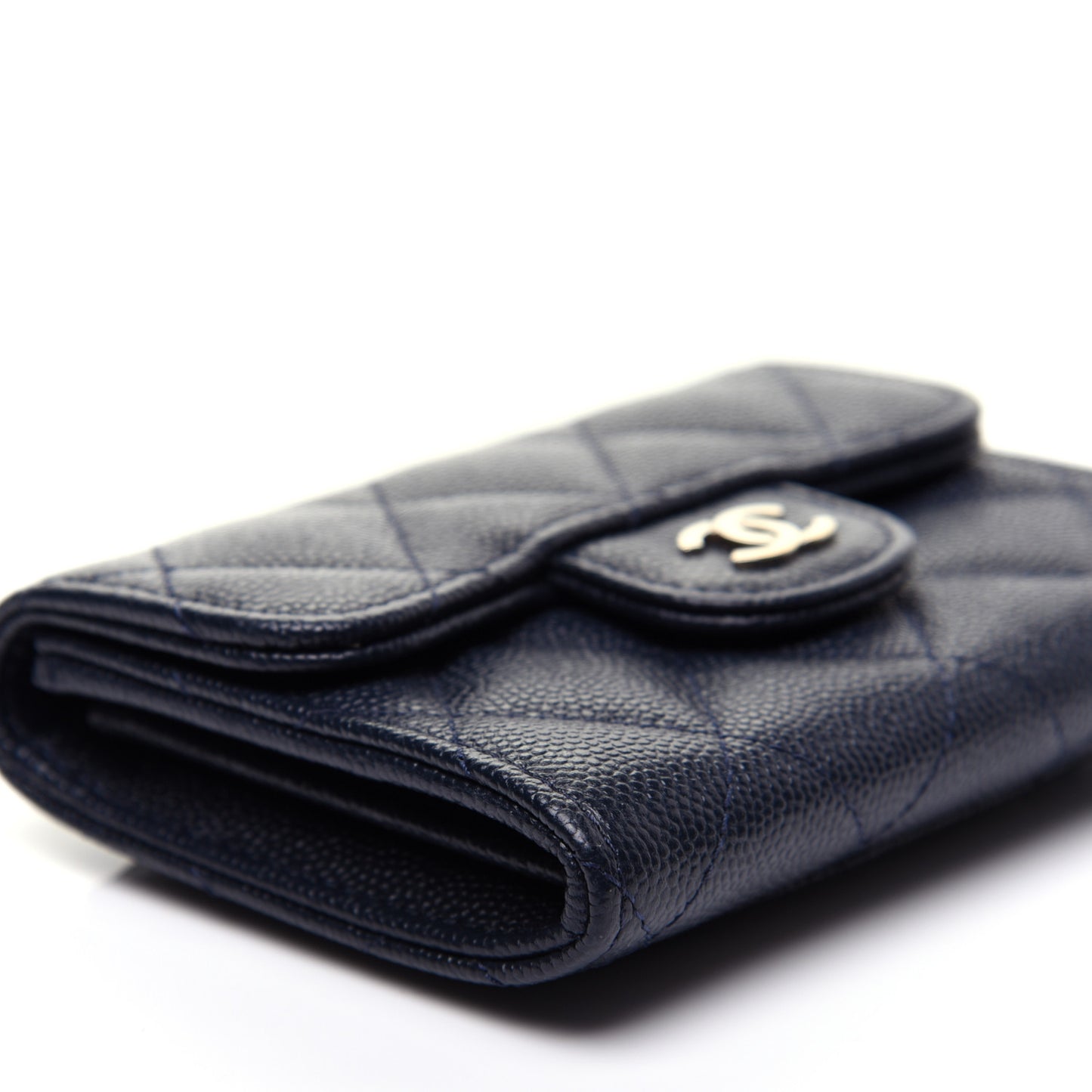 Caviar Quilted Flap Card Holder Wallet Navy Blue