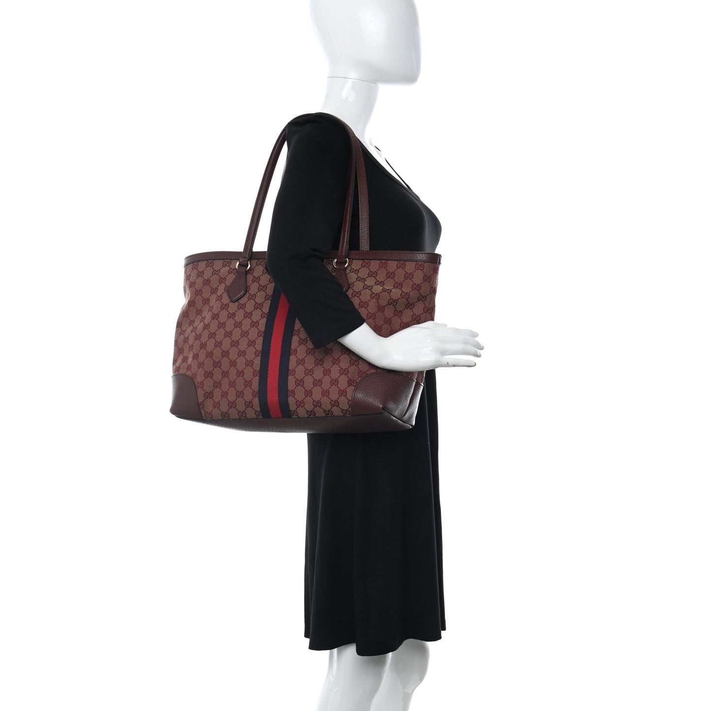 Monogram Textured Dollar Calfskin Web Medium Ophidia Shopping Tote Sahara Rubino Chardonnay