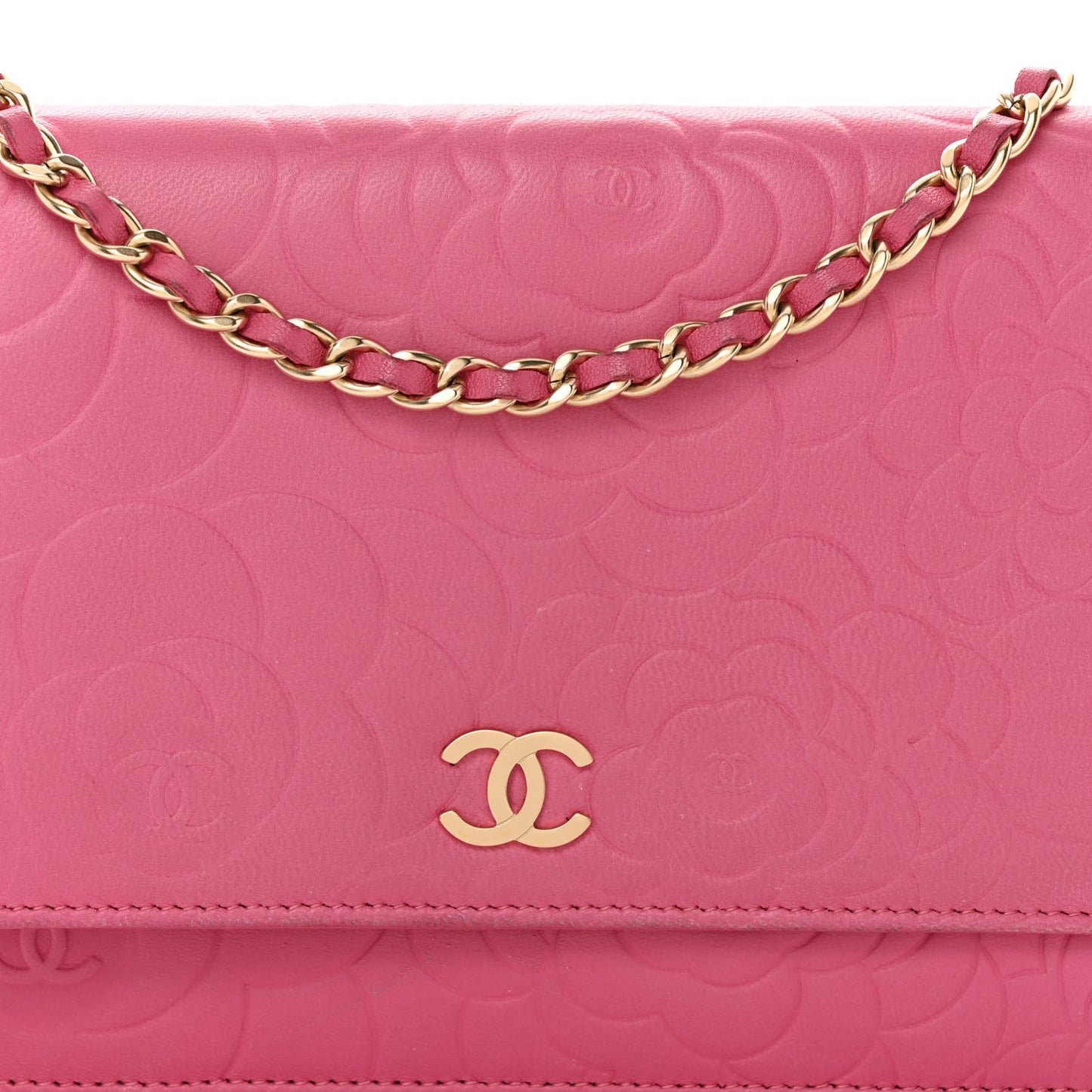 Lambskin Camellia Embossed Wallet on Chain WOC Pink