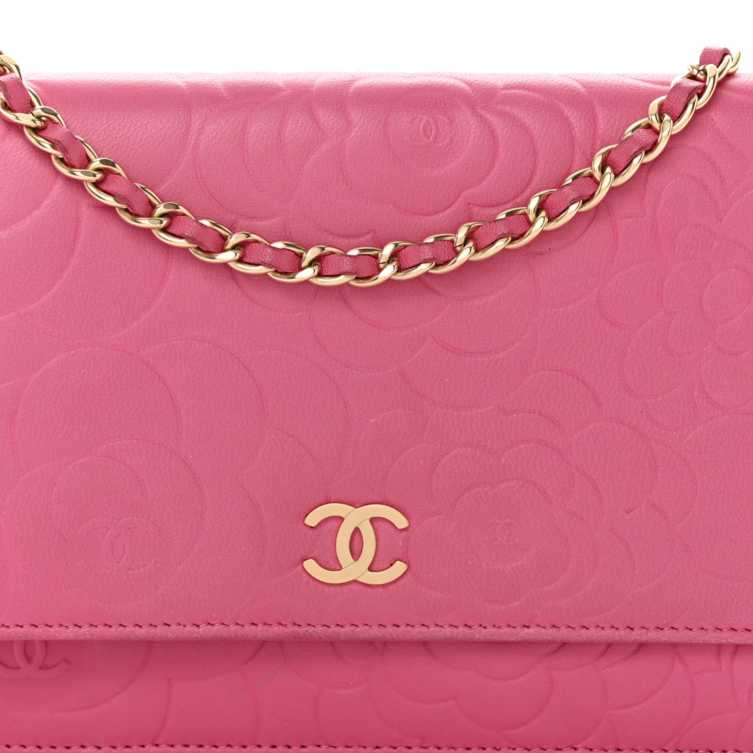 Chanel Lambskin Camellia Embossed Wallet on Chain WOC Pink 9 of 13