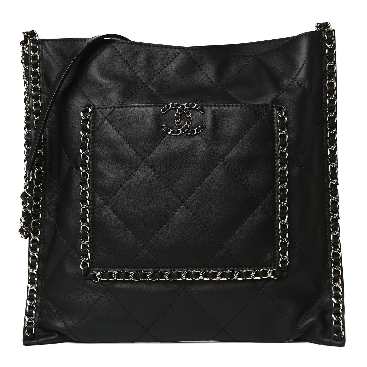 Calfskin Quilted Chain Flat Tote Black