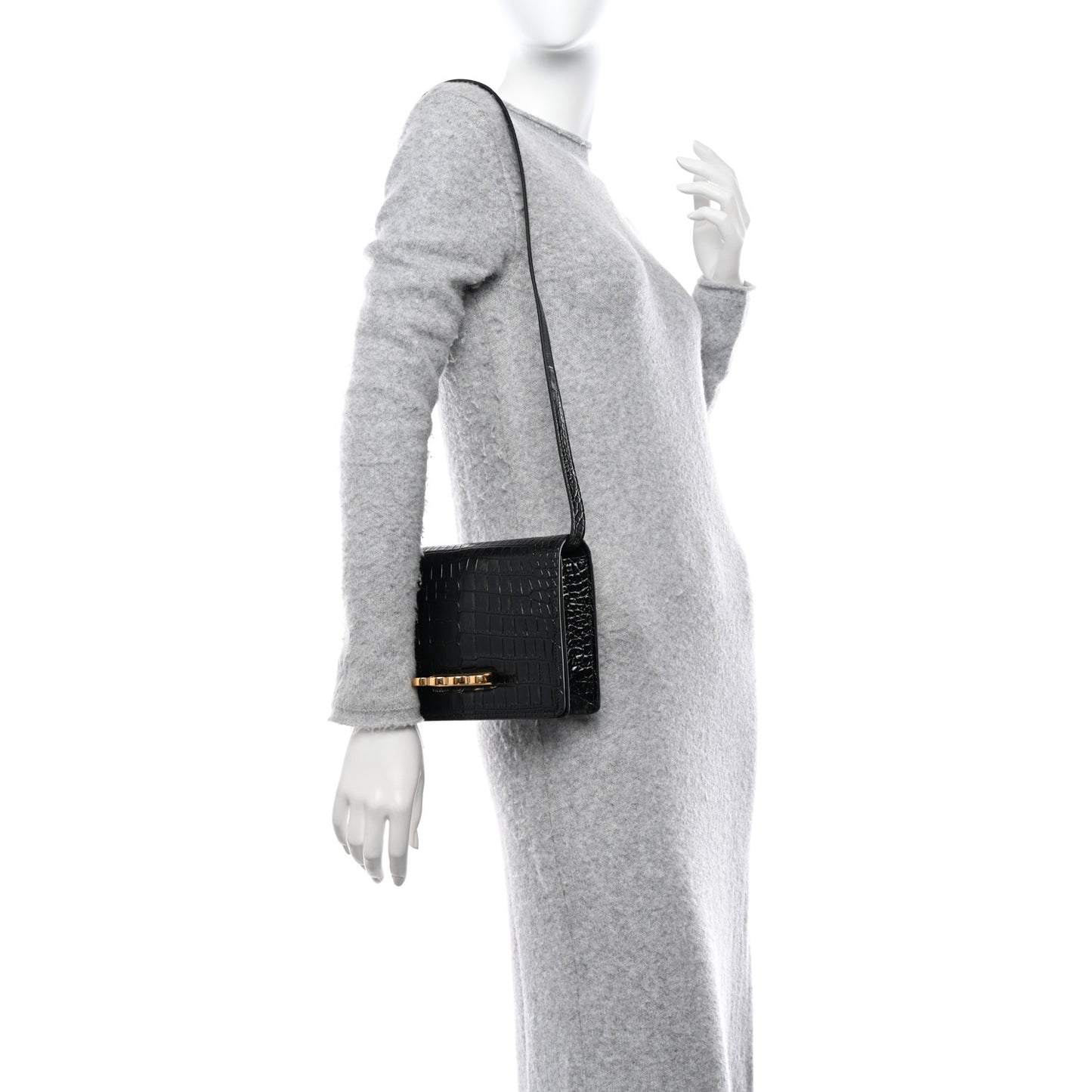 ALEXANDER MCQUEEN Calfskin Crocodile Embossed Four Ring Knuckle Crossbody Bag Black