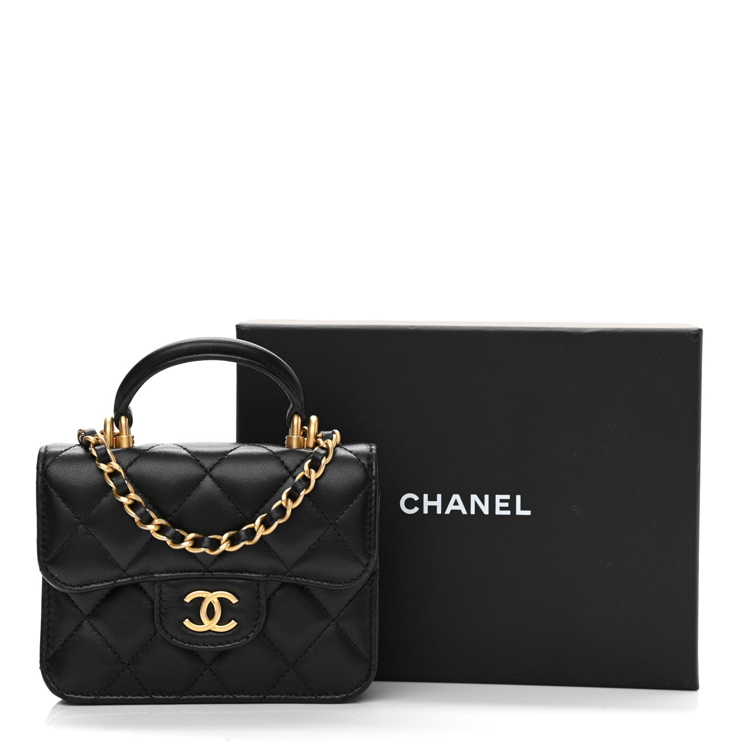 Lambskin Quilted Top Handle Flap Coin Purse With Chain Black