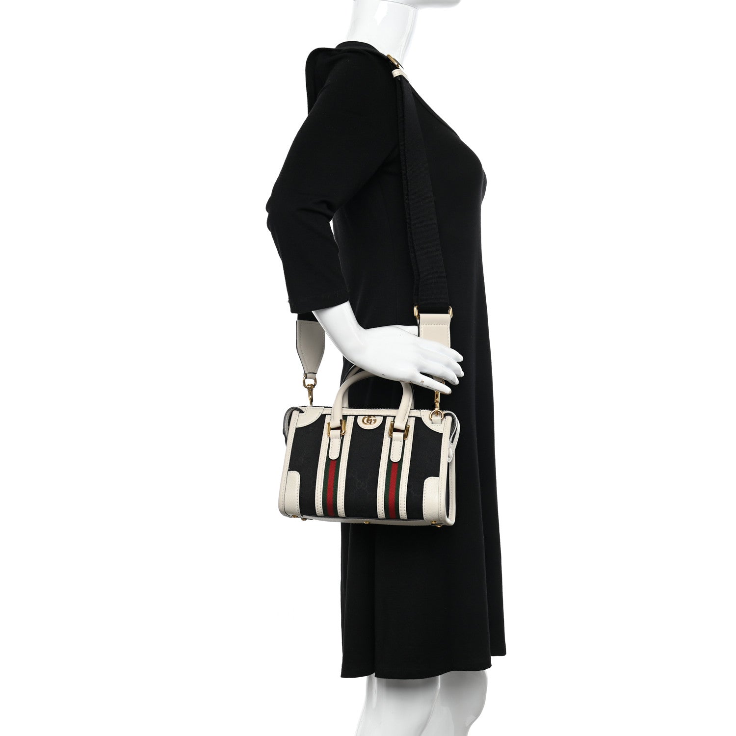 Gucci Monogram Textured Dollar Calfskin Web Mini Bauletto Duffle Top Handle Bag Black Mystic White 2 of 11