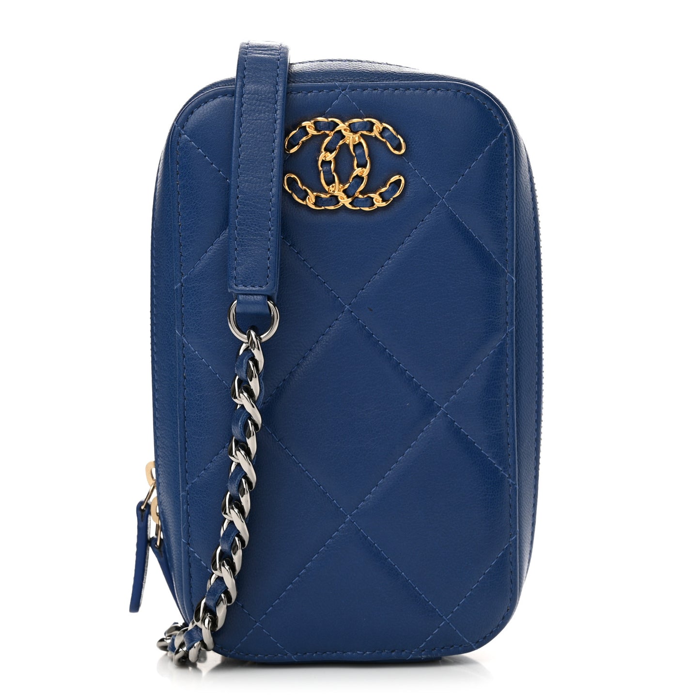 Lambskin Quilted Chanel 19 Zip Phone Case Blue