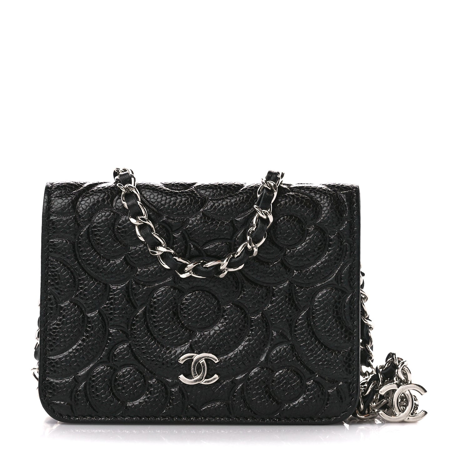 Caviar Camellia Embossed Chain Belt Bag Black
