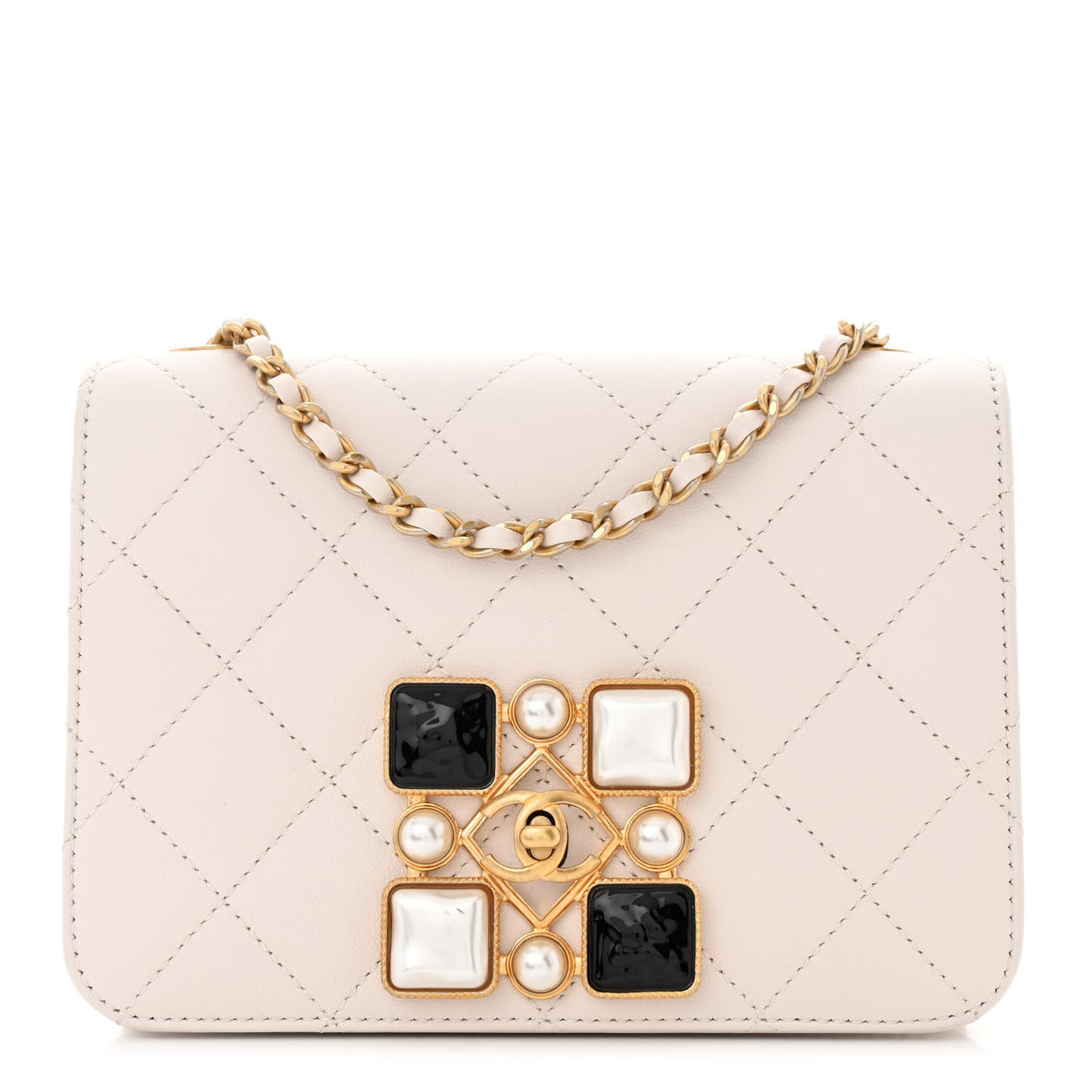 Calfskin Quilted Crystal Pearl Small Flap Bag White