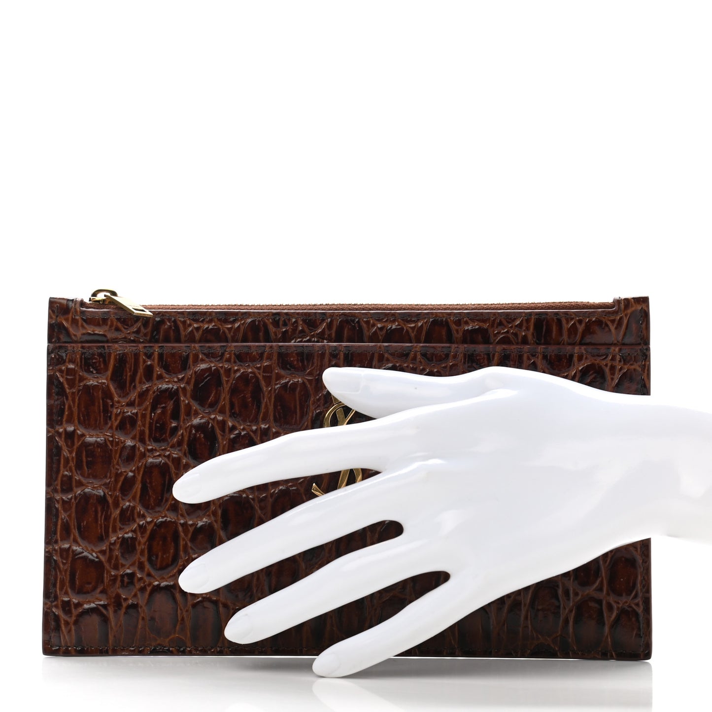Crocodile Embossed Calfskin Monogram Zip Bill Pouch Pecan