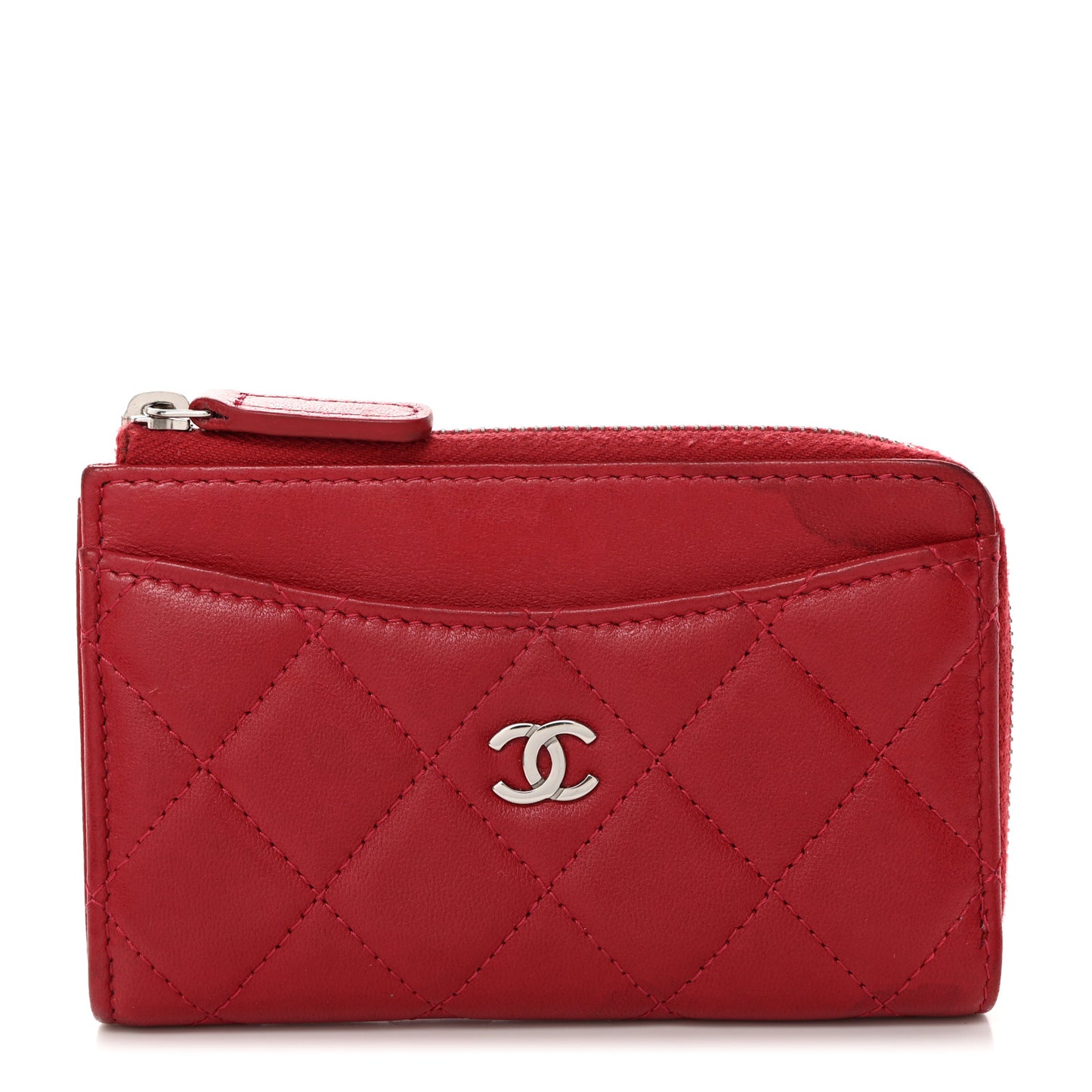 Lambskin Quilted CC Zip Around Card Holder Red
