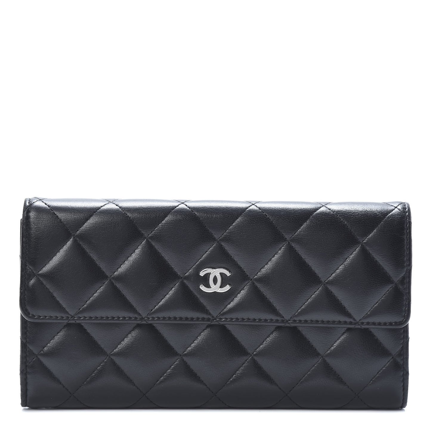 Lambskin Quilted Large Gusset Flap Wallet Black