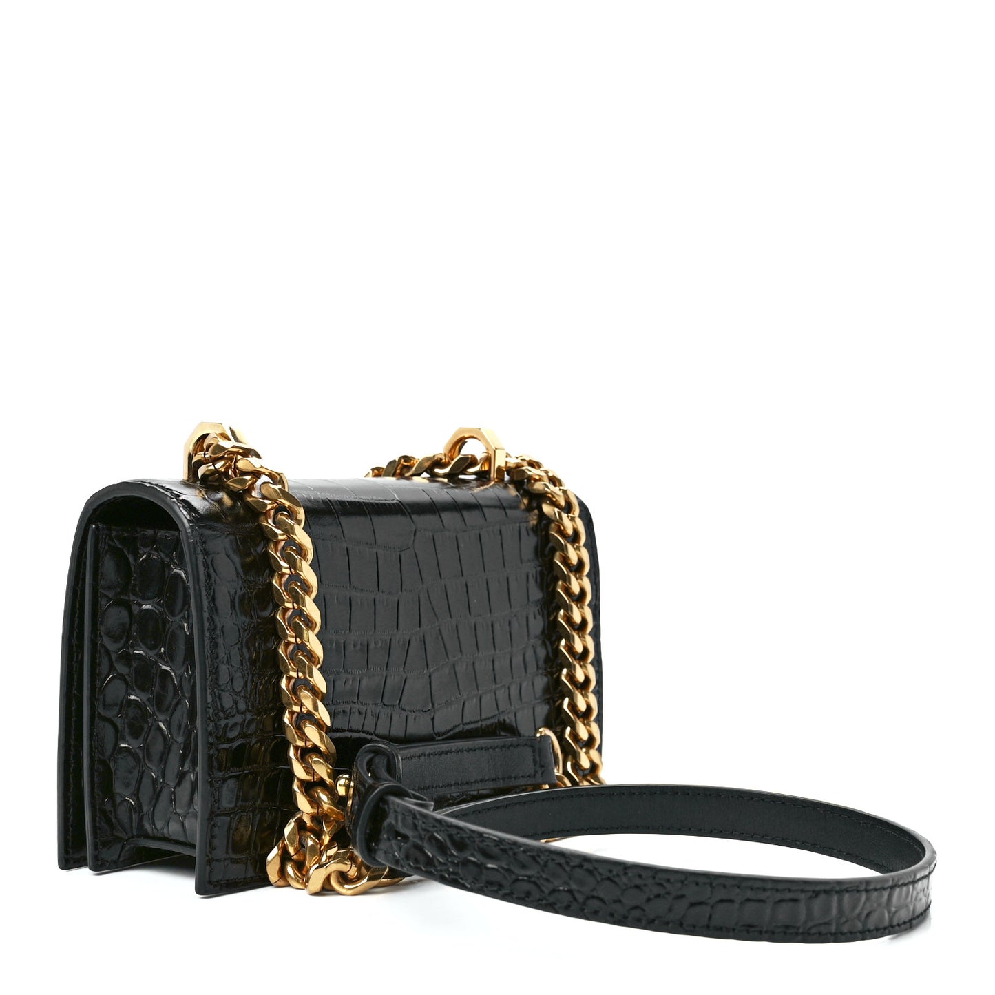 Calfskin Crocodile Embossed Mini Jeweled Satchel Black