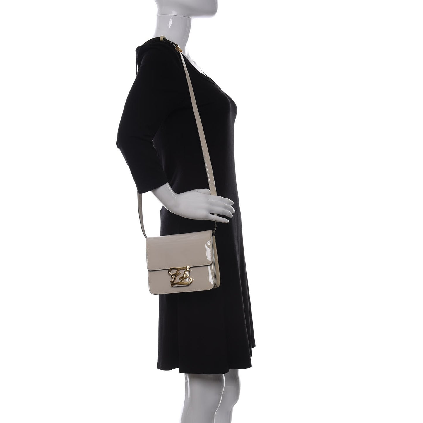 Vitello Vernice Mou Karligraphy Crossbody Bag Latte