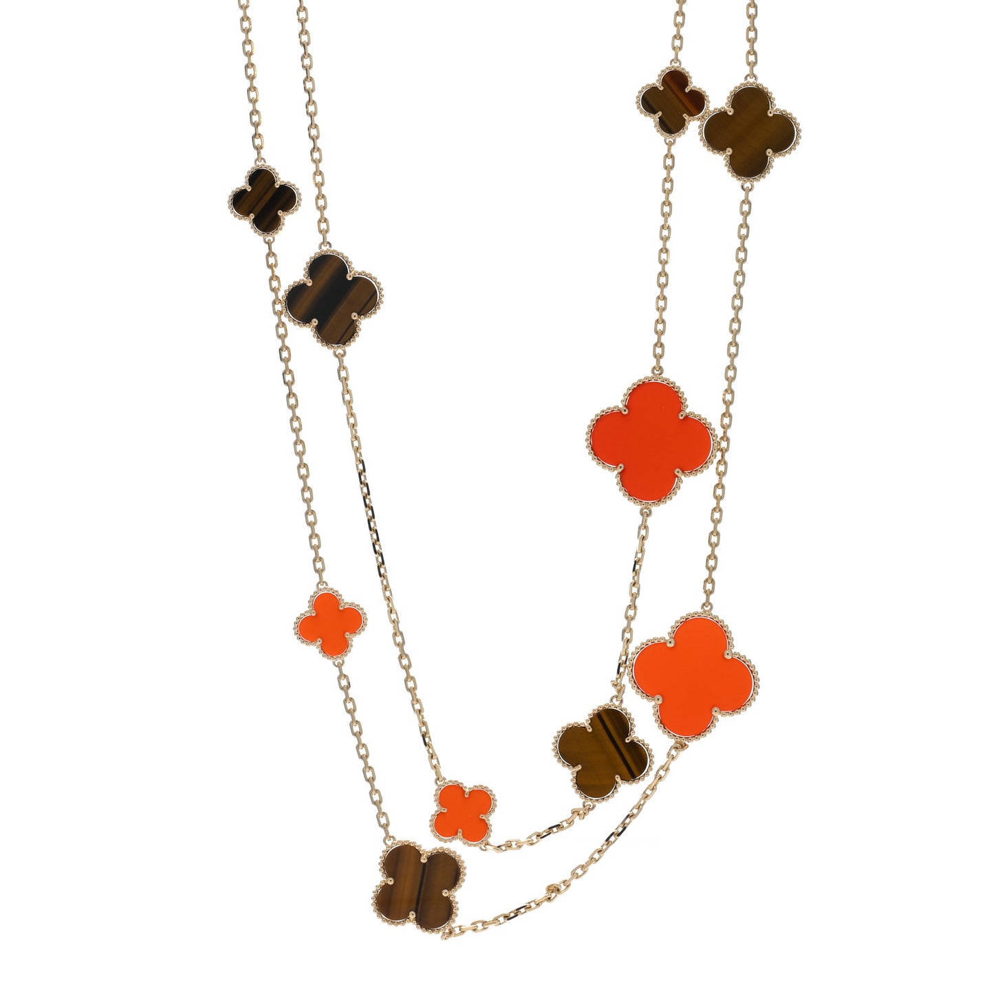18K Yellow Gold Tiger Eye Carnelian 16 Motifs Magic Alhambra Necklace