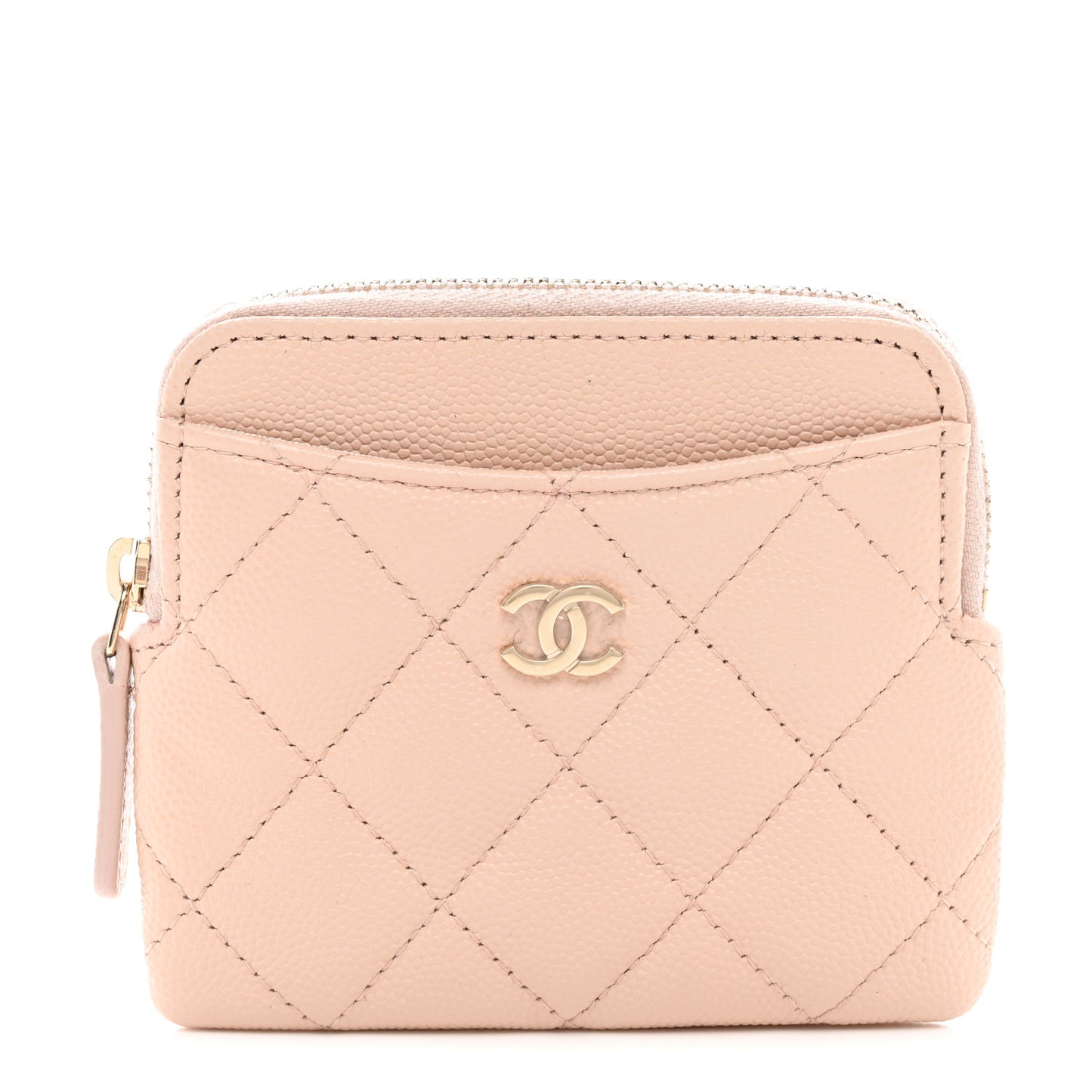 Caviar Quilted Zip Card Holder Wallet Light Beige