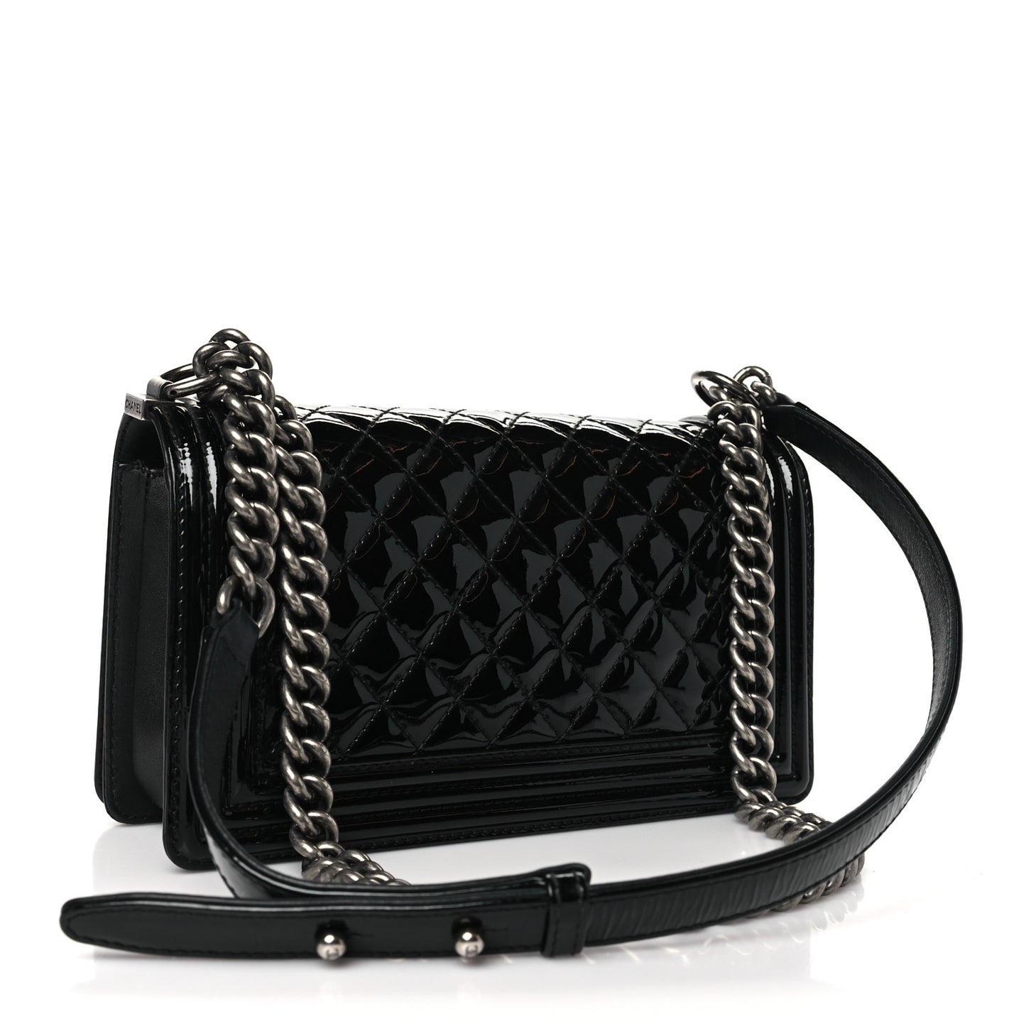 Patent Calfskin Quilted Medium Plexiglass Boy Flap Black