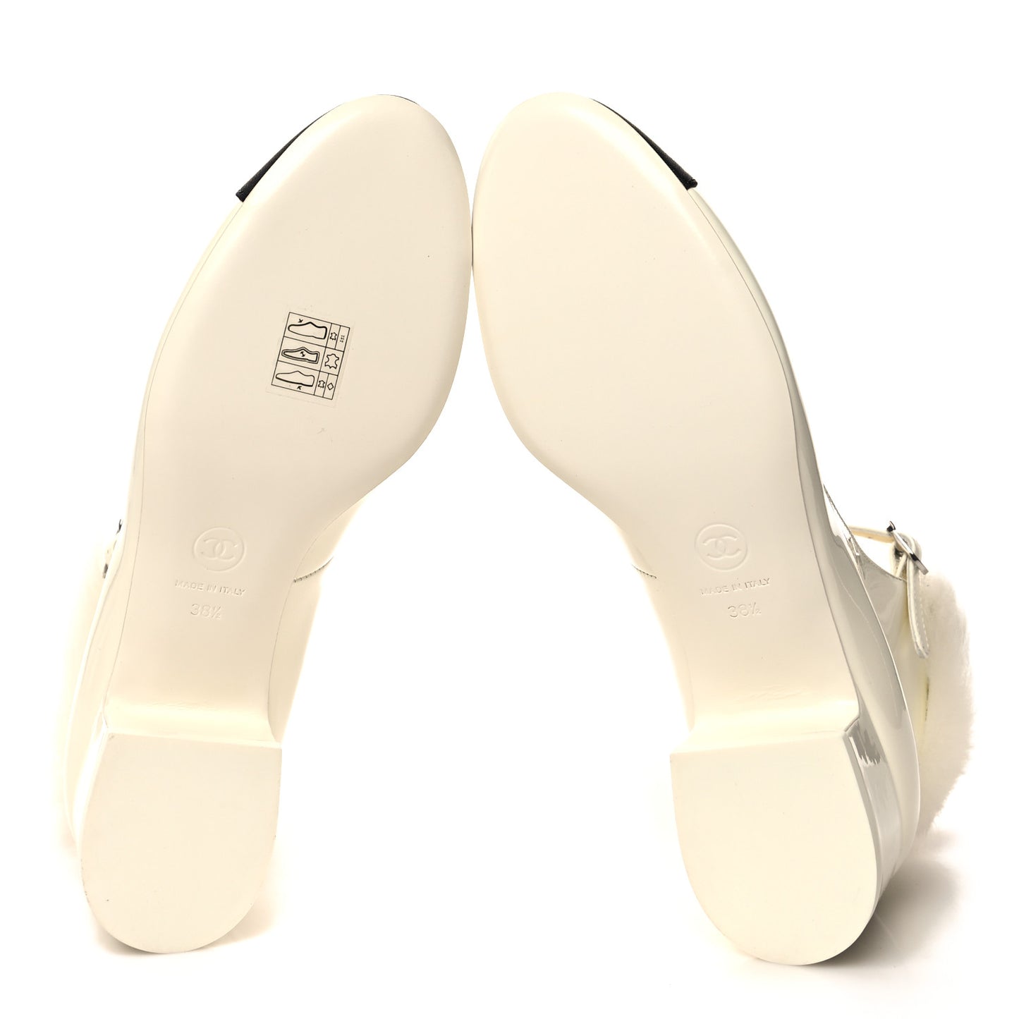 Patent Shearling Lambskin Grosgrain Cap Toe Mary Jane Low Heel Pumps 38.5 White Black