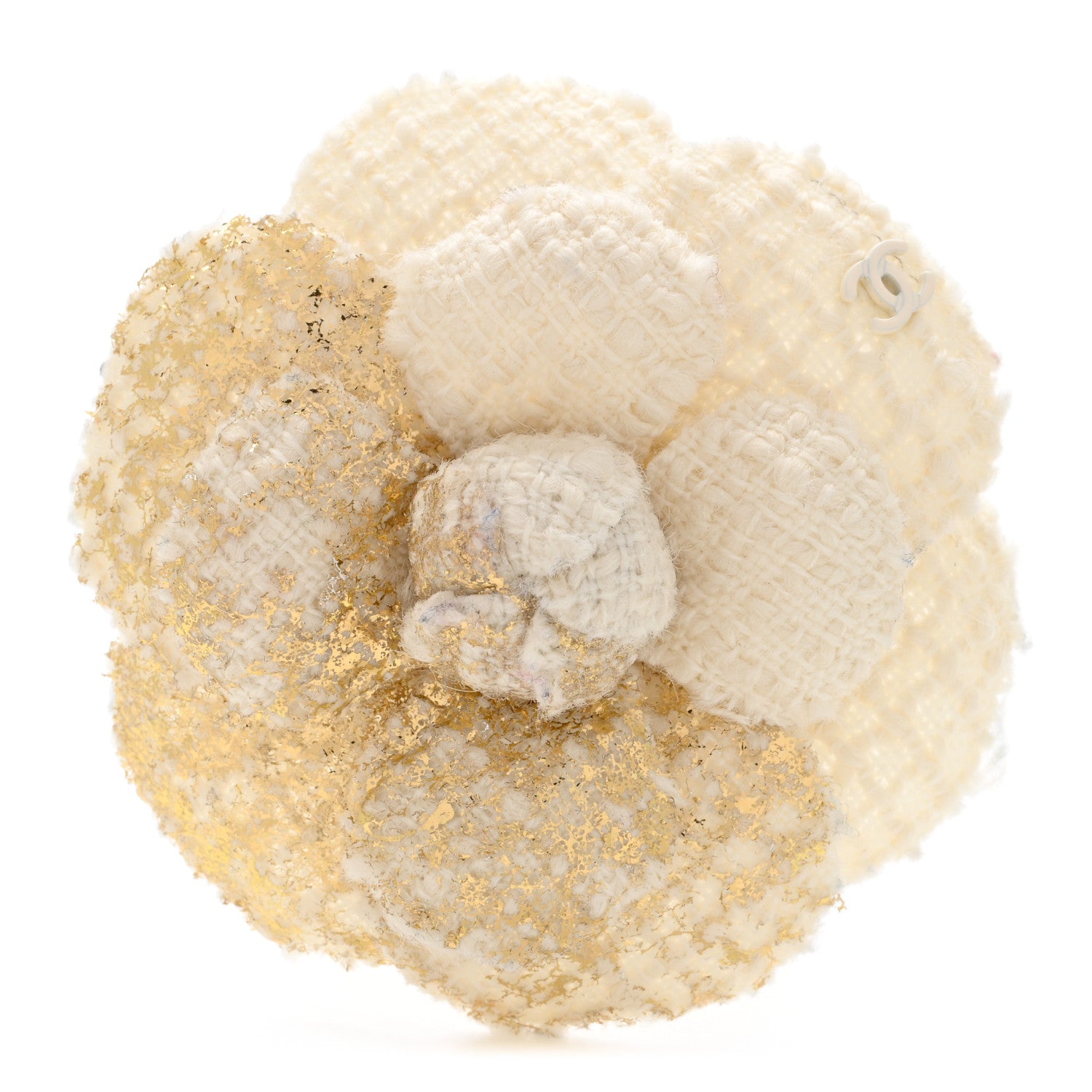 Chanel Metallic Tweed CC Camellia Brooch Gold Ivory 1 of 6