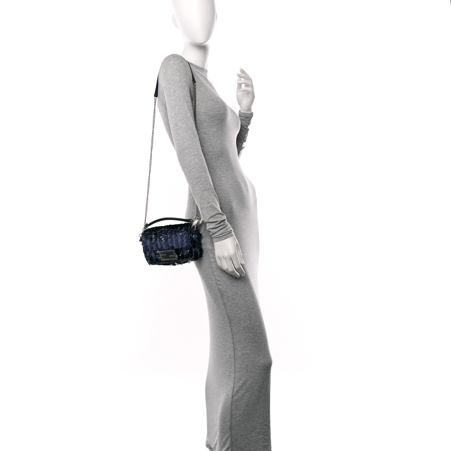 Fendi Sequin Paillettes Vitello Grace Striped Mini Baguette Dark Blue Lunai 2 of 10