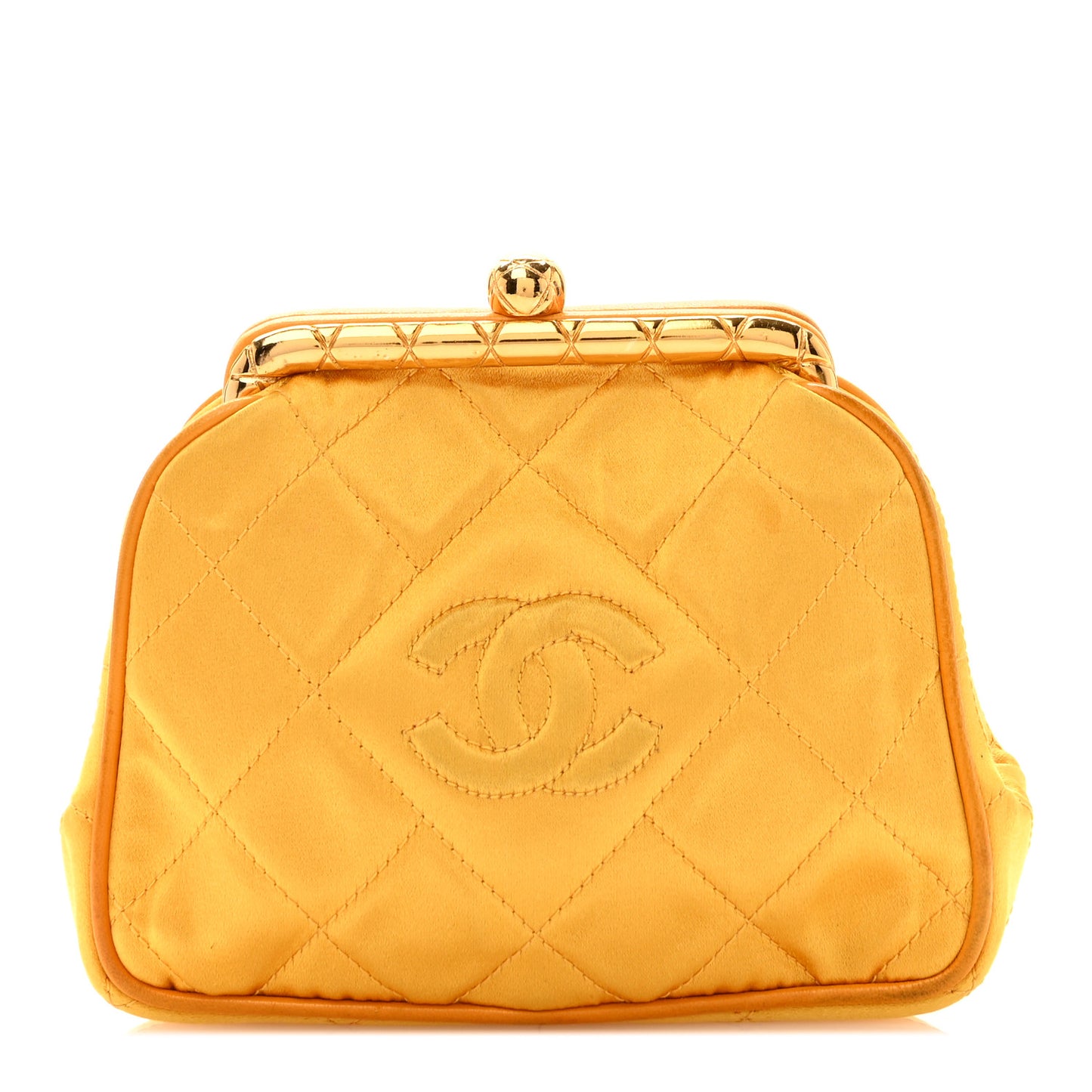 Satin Quilted CC Kiss Lock Evening Clutch Yellow