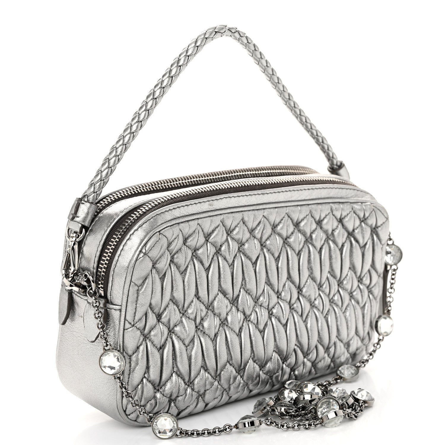 Miu Miu Metallic Nappa Matelasse Crystal Double Zip Pochette Cromo 3 of 10