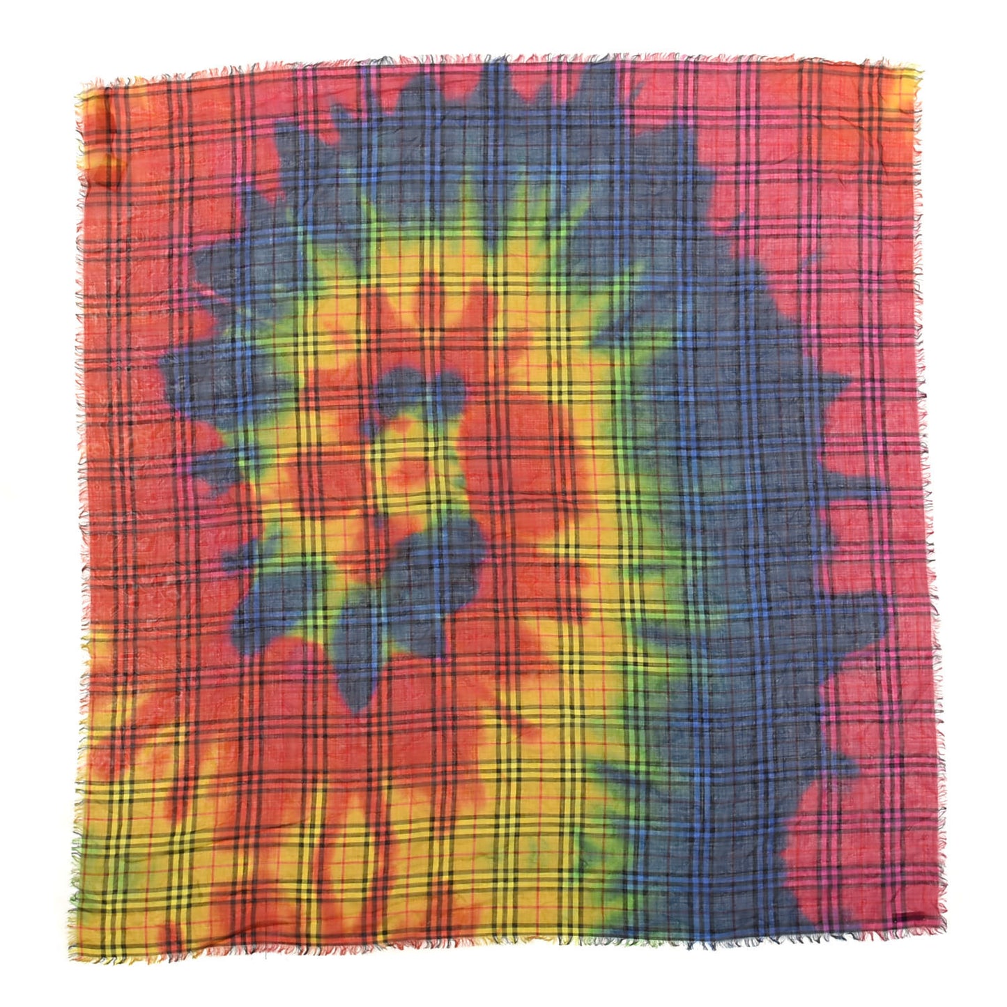 Wool Silk Rainbow Tie Dye Vintage Check Scarf Multicolor